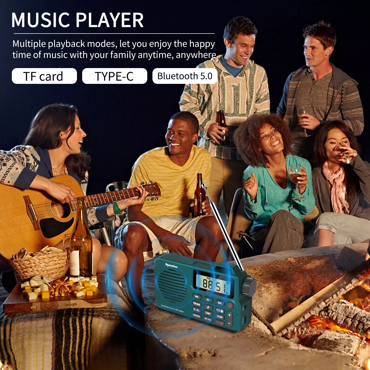 Portable FM/AM radio recorder, rechargeable multi-function music player - green