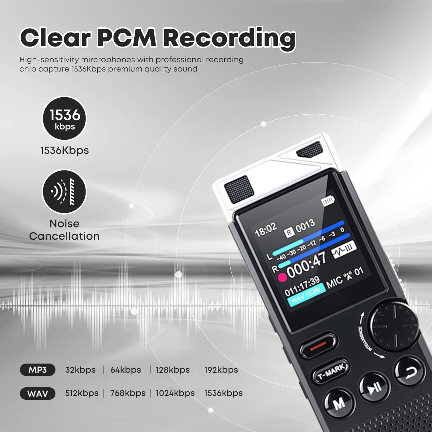 Large screen recording and storage external MP3 player external TF card smart AGC noise reduction recording pen student recorder - 8GB