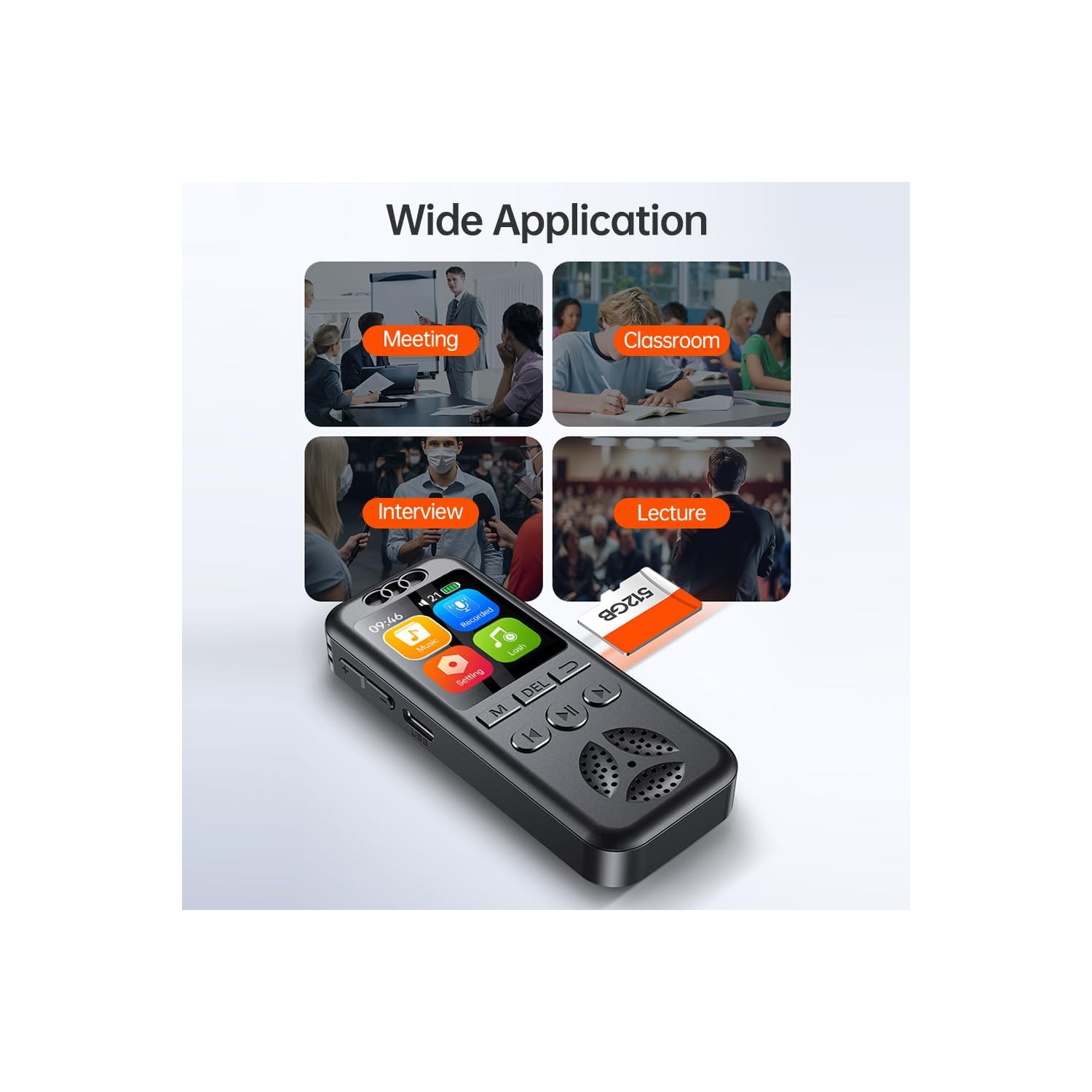 Digital voice recorder, voice activation or noise reduction, MP3 music player, 560 hours of recording files, device support password - with 8GB