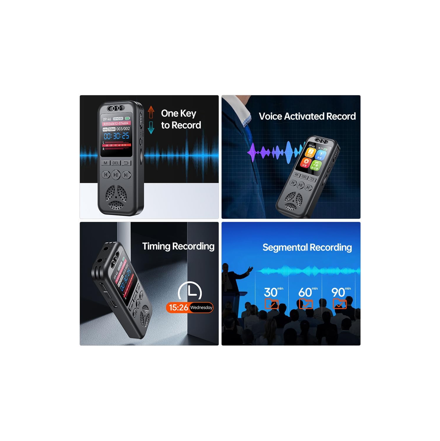 Digital voice recorder, voice activation or noise reduction, MP3 music player, 560 hours of recording files, device support password - with 8GB