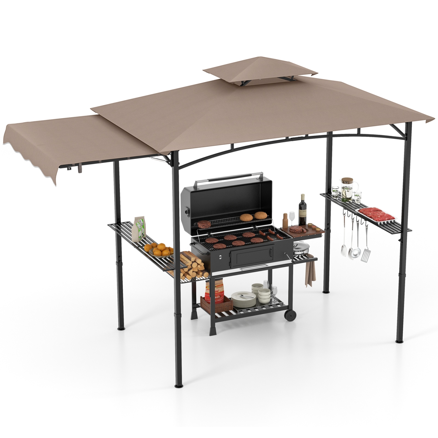 Gymax 11 x 5 FT Grill BBQ Gazebo w/ Side Awning Double-Tiered Top 2 Side Shelves
