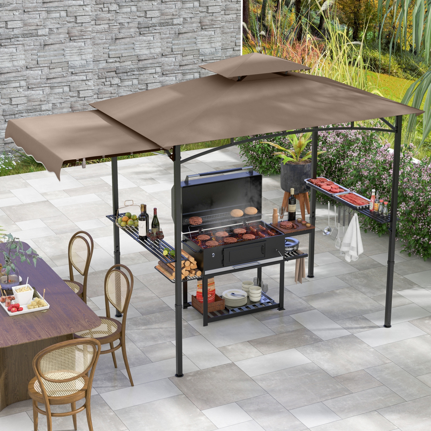 Gymax 11 x 5 FT Grill BBQ Gazebo w/ Side Awning Double-Tiered Top 2 Side Shelves