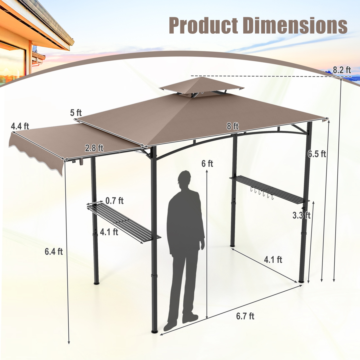 Gymax 11 x 5 FT Grill BBQ Gazebo w/ Side Awning Double-Tiered Top 2 Side Shelves