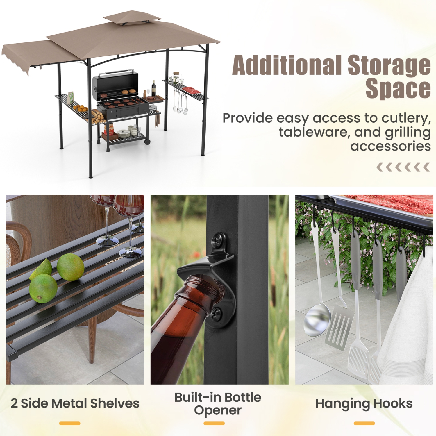 Gymax 11 x 5 FT Grill BBQ Gazebo w/ Side Awning Double-Tiered Top 2 Side Shelves