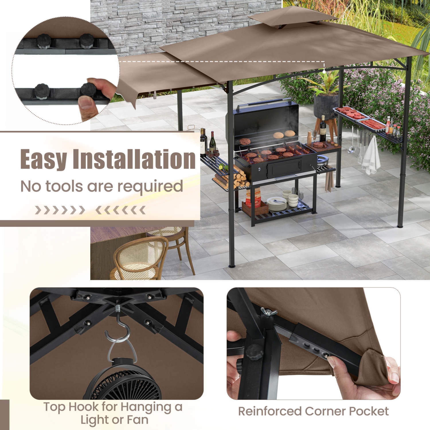 Gymax 11 x 5 FT Grill BBQ Gazebo w/ Side Awning Double-Tiered Top 2 Side Shelves