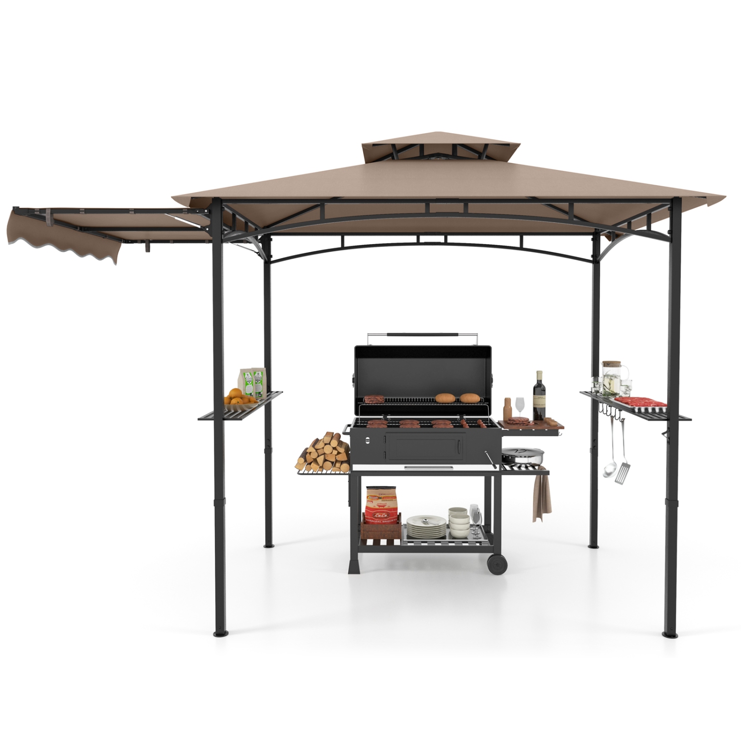Gymax 11 x 5 FT Grill BBQ Gazebo w/ Side Awning Double-Tiered Top 2 Side Shelves