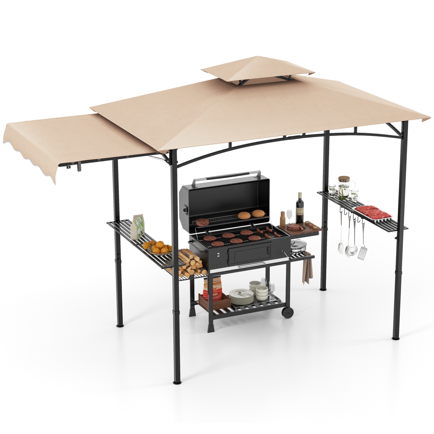 Gymax 11 x 5 FT Grill BBQ Gazebo w/ Side Awning Double-Tiered Top 2 Side Shelves