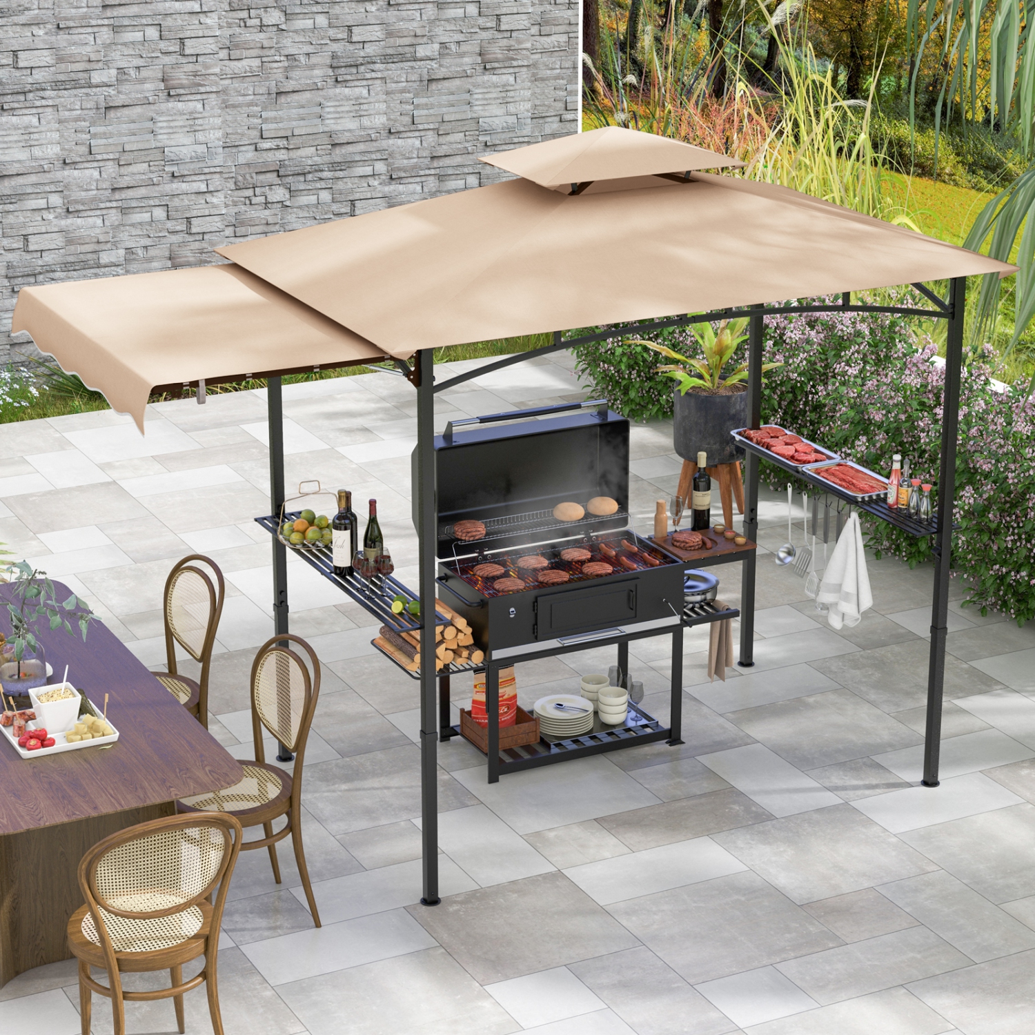 Gymax 11 x 5 FT Grill BBQ Gazebo w/ Side Awning Double-Tiered Top 2 Side Shelves