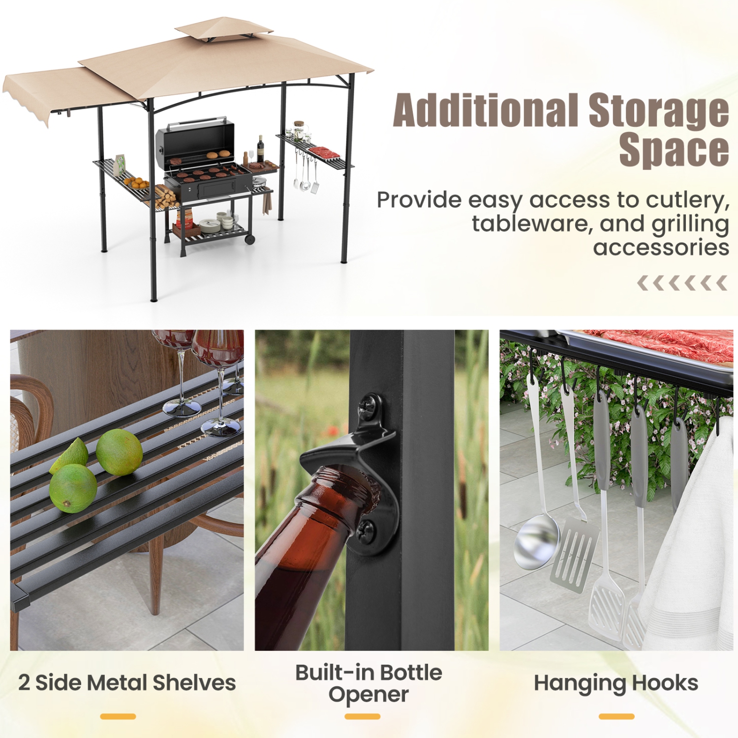Gymax 11 x 5 FT Grill BBQ Gazebo w/ Side Awning Double-Tiered Top 2 Side Shelves