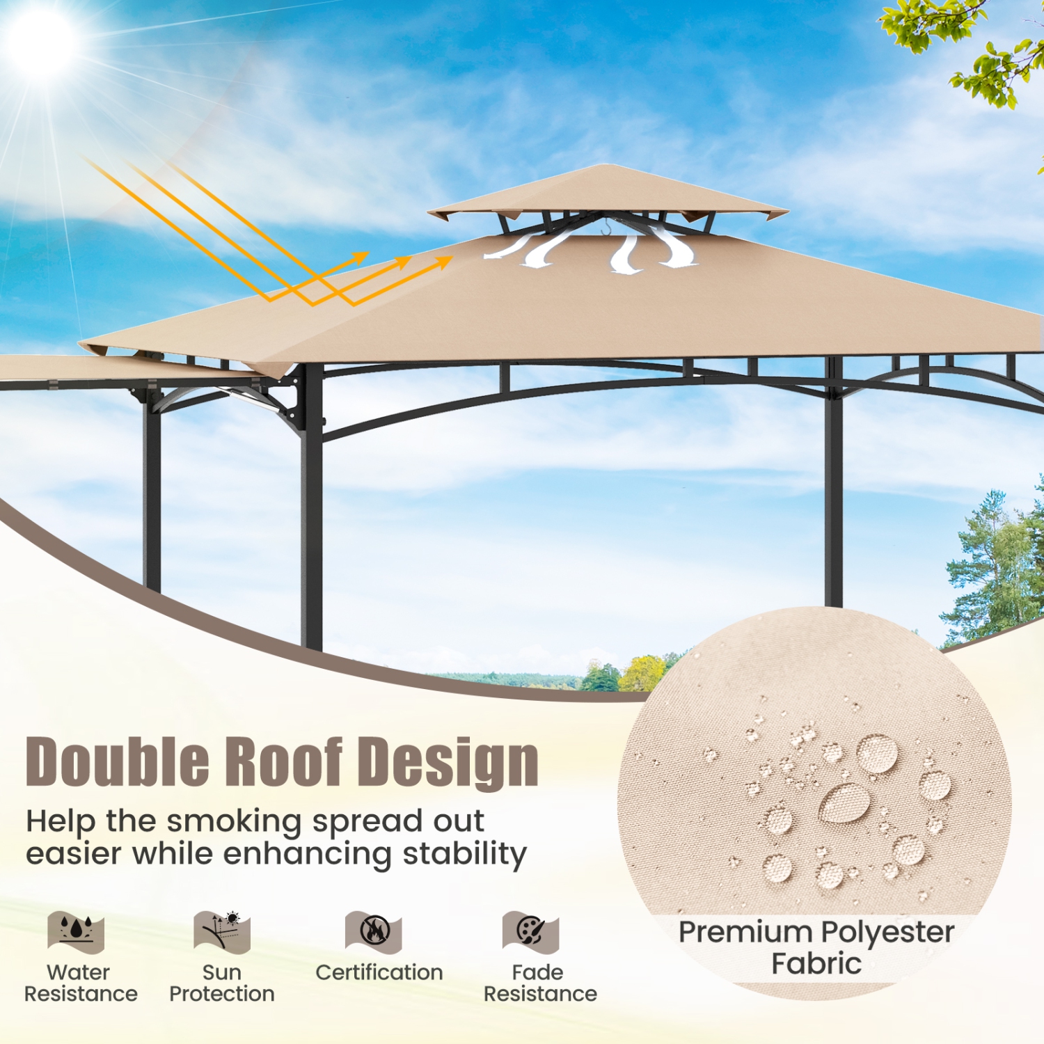 Gymax 11 x 5 FT Grill BBQ Gazebo w/ Side Awning Double-Tiered Top 2 Side Shelves