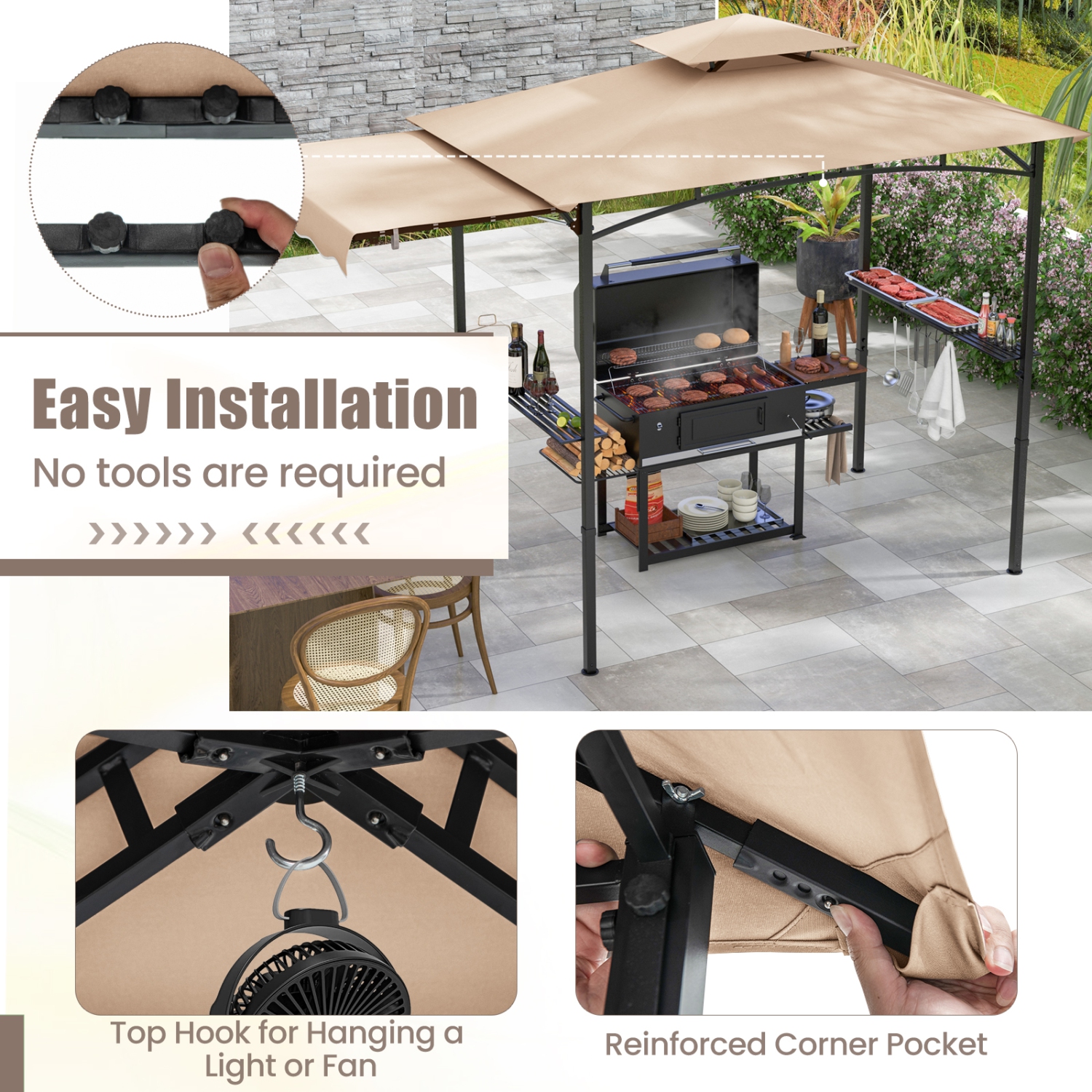 Gymax 11 x 5 FT Grill BBQ Gazebo w/ Side Awning Double-Tiered Top 2 Side Shelves