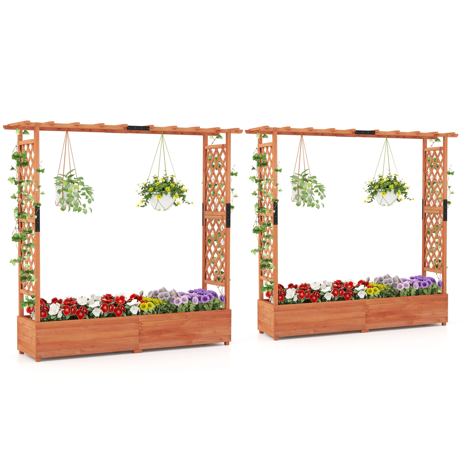 Gymax 2PCS Raised Garden Bed Planter Box w/ Side & Top Trellis for Vine Climbing Plants