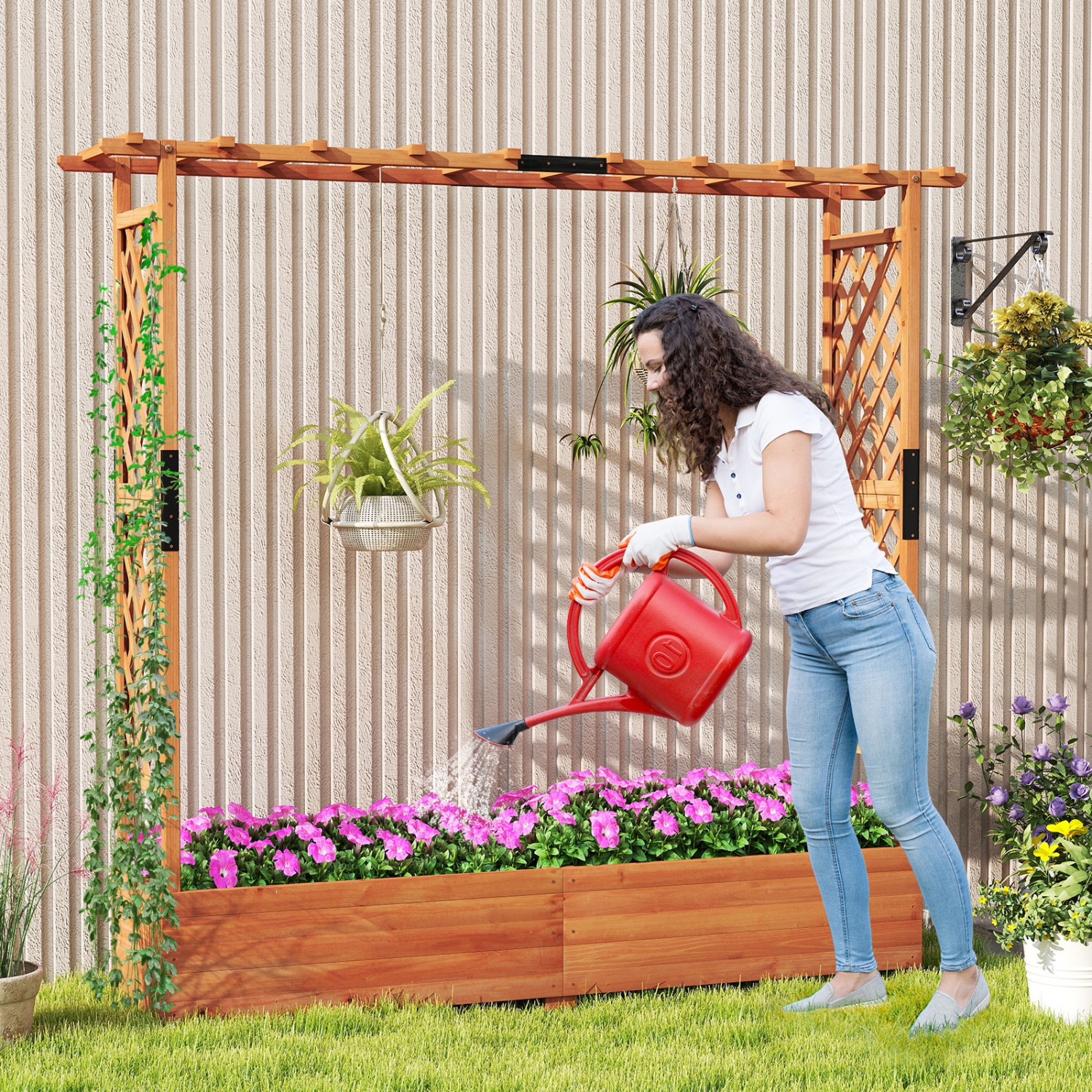 Gymax 2PCS Raised Garden Bed Planter Box w/ Side & Top Trellis for Vine Climbing Plants