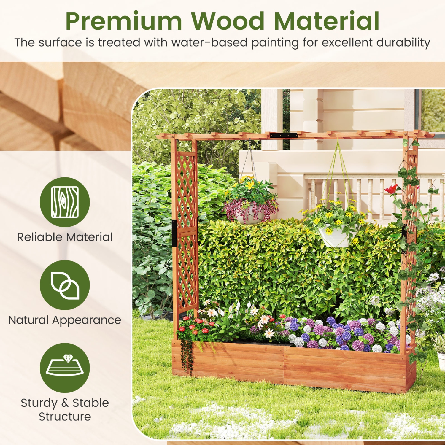 Gymax 2PCS Raised Garden Bed Planter Box w/ Side & Top Trellis for Vine Climbing Plants