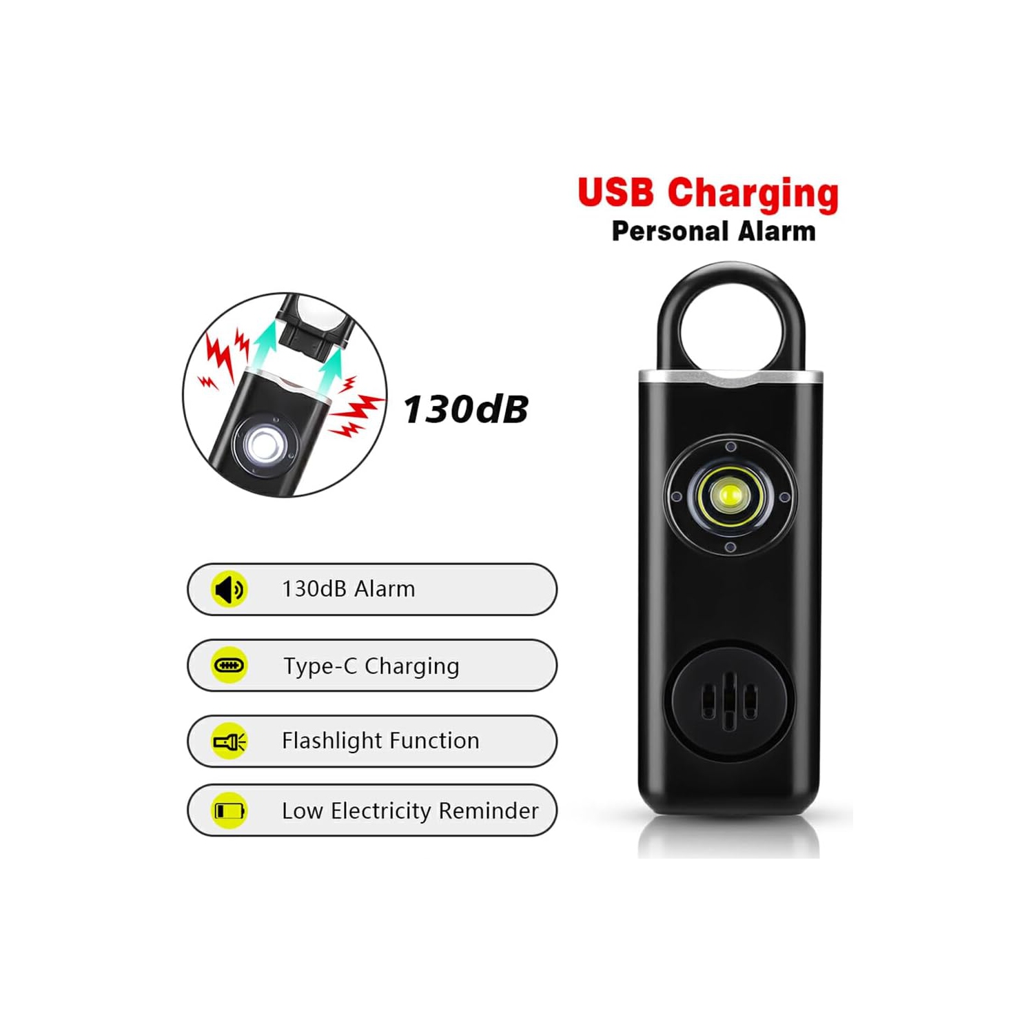 Compact Women's Personal Alarm - Loud 130dB Emergency Siren + LED Flashlight, Jogging/Night Safety Keychain