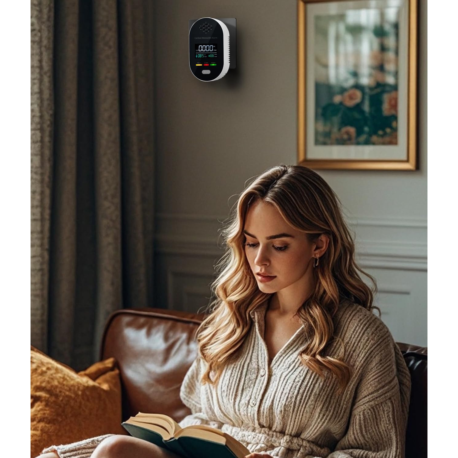 3-in-1 smart carbon monoxide detector – high-precision CO/temperature and humidity monitoring +85dB sound and light alarm, plug and play, ensure