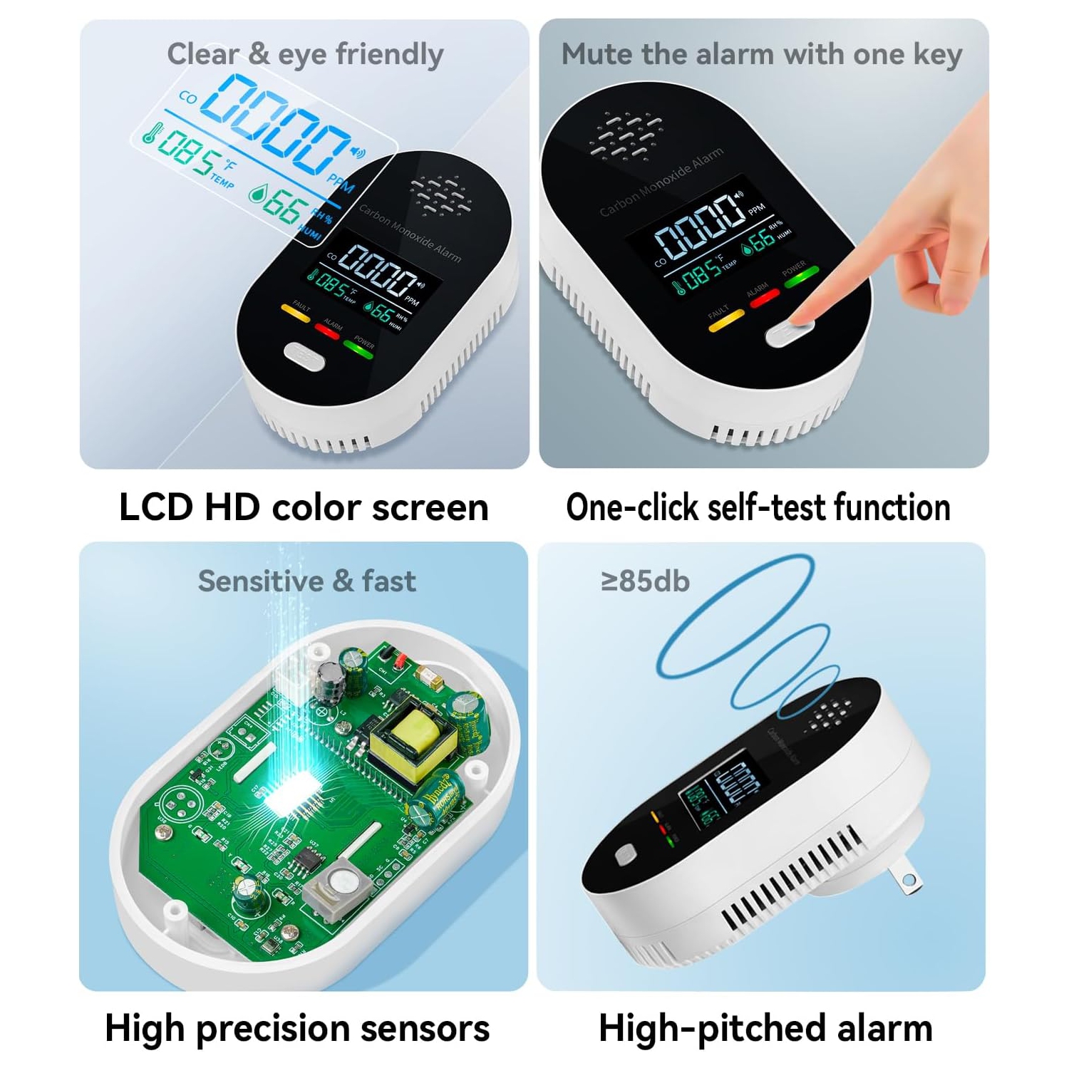 3-in-1 smart carbon monoxide detector – high-precision CO/temperature and humidity monitoring +85dB sound and light alarm, plug and play, ensure