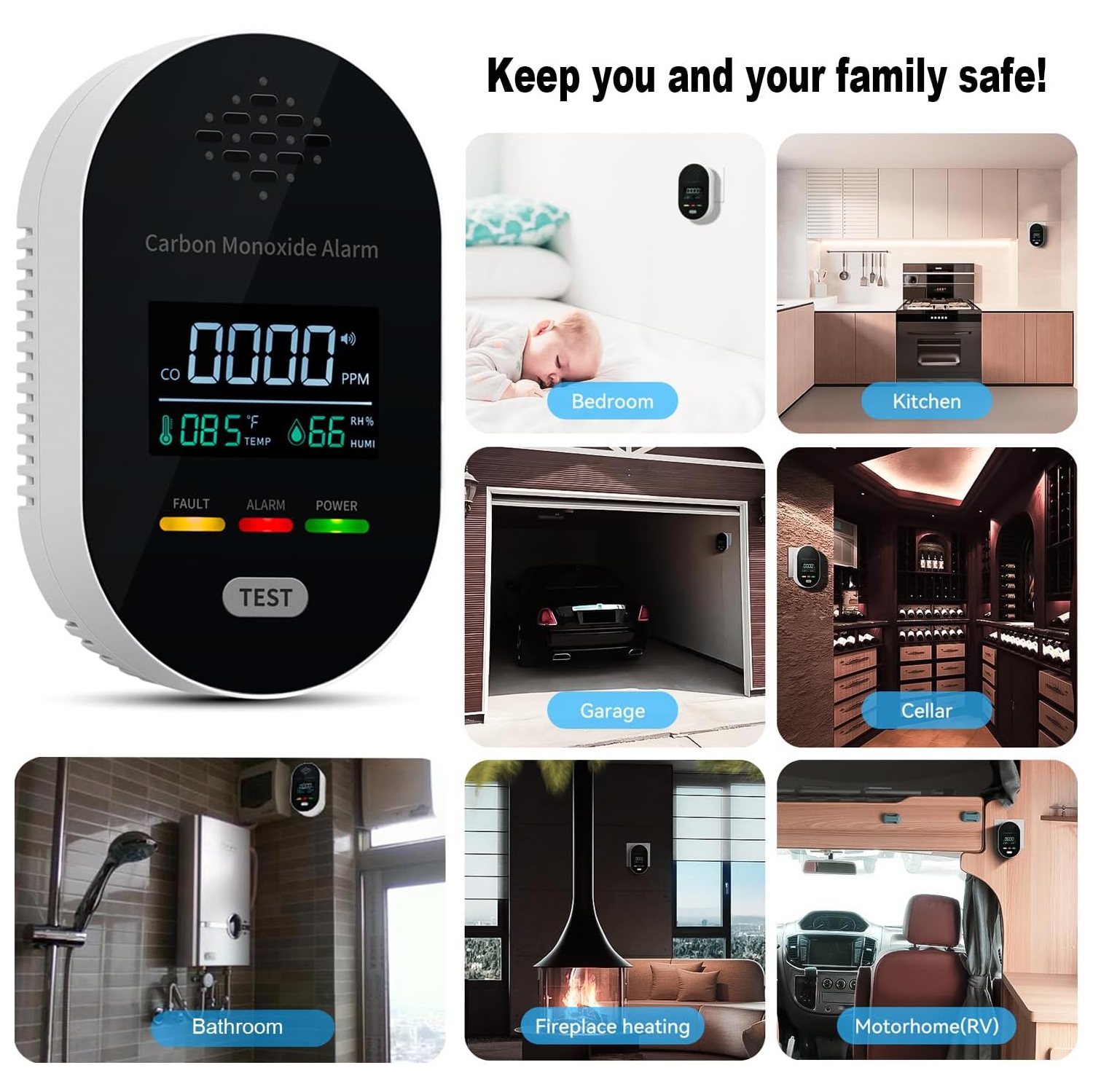 Four-in-one smart carbon monoxide detector-gas, CO/temperature and humidity monitoring + 85dB sound and light alarm, plug and play, to ensure the