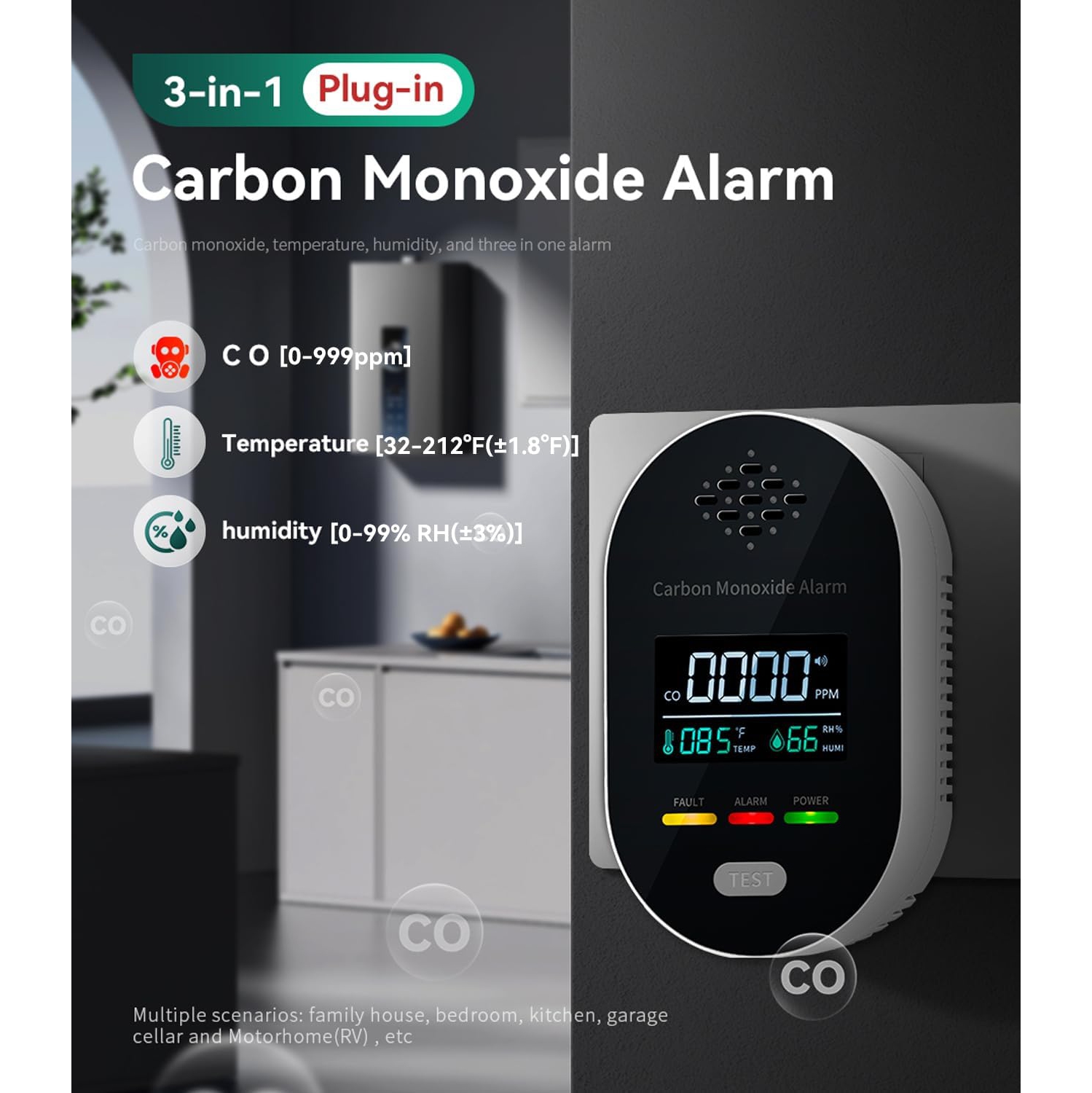 Four-in-one smart carbon monoxide detector-gas, CO/temperature and humidity monitoring + 85dB sound and light alarm, plug and play, to ensure the