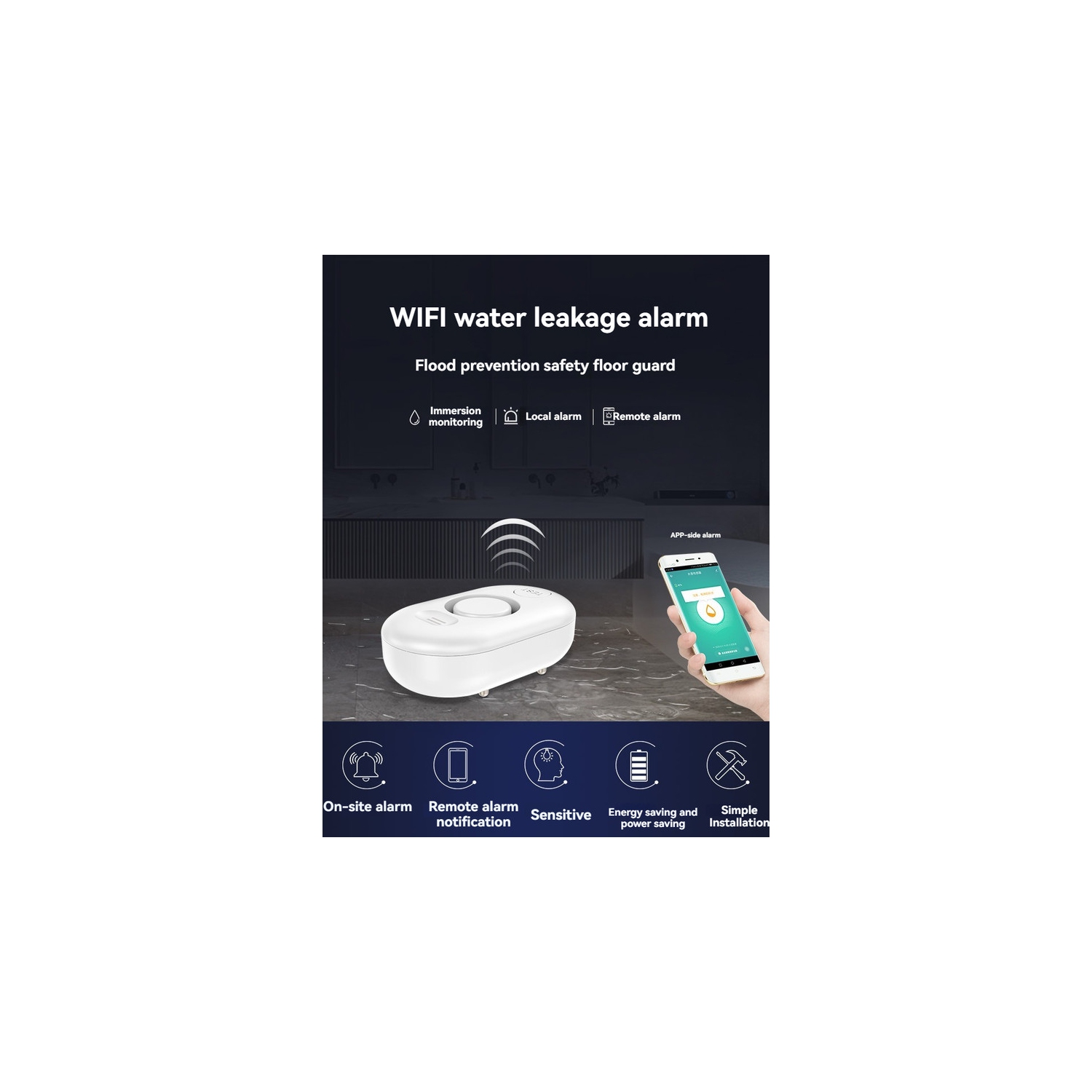 110dB Smart Water Leak Detector / Flood Alarm - WiFi Connectivity, Adjustable Alarm, App Alerts, Home Security, Basement Protection, Kitchen and