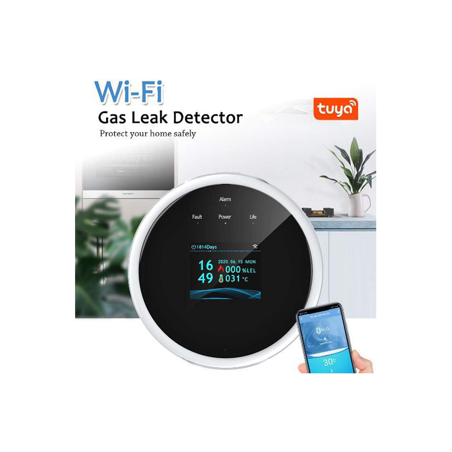 Smart Gas Leak Detector with LCD Display - Voice Alarm and Auto Shutoff in Case of LPG/Methane Leakage, WiFi Temperature Alarm