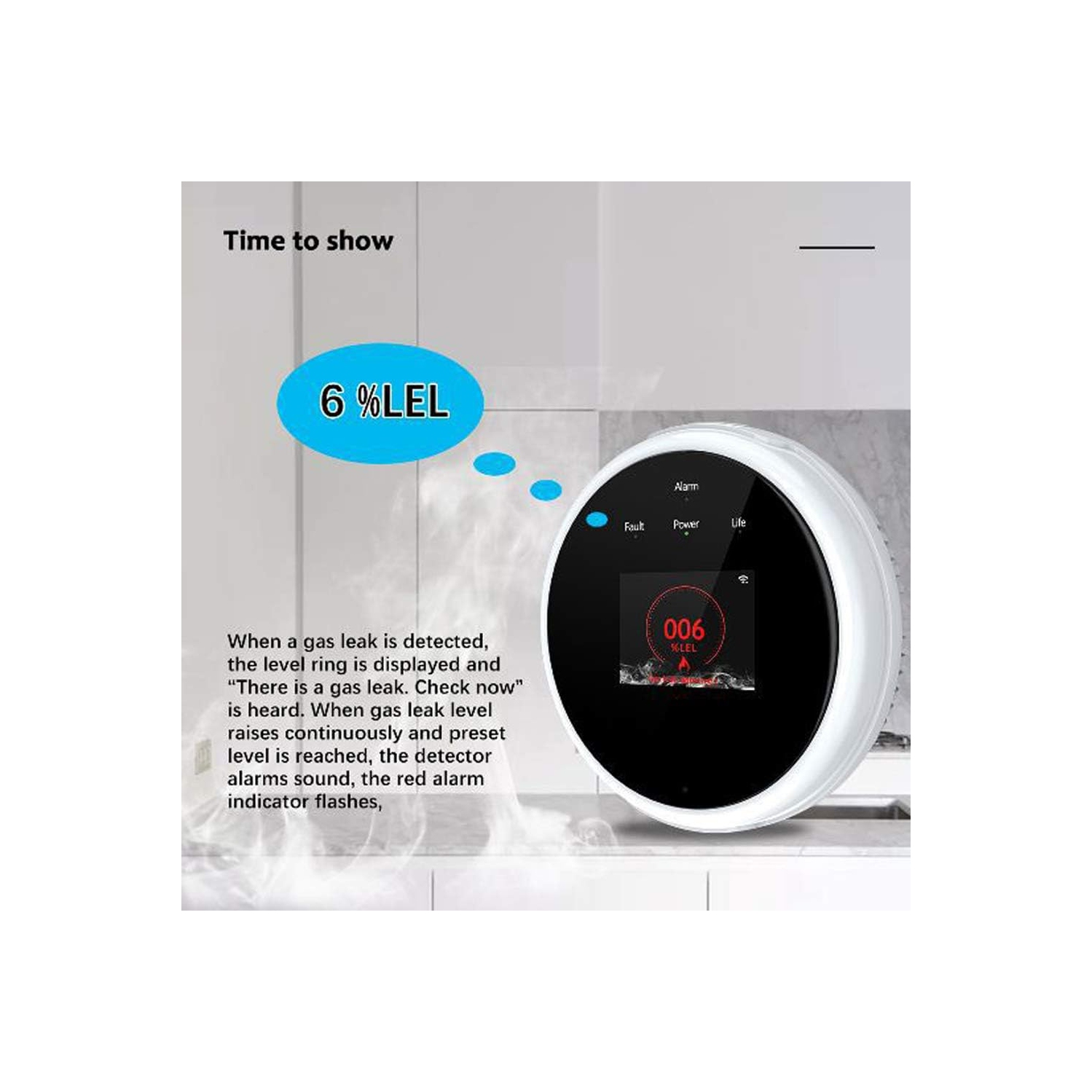 Smart Gas Leak Detector with LCD Display - Voice Alarm and Auto Shutoff in Case of LPG/Methane Leakage, WiFi Temperature Alarm