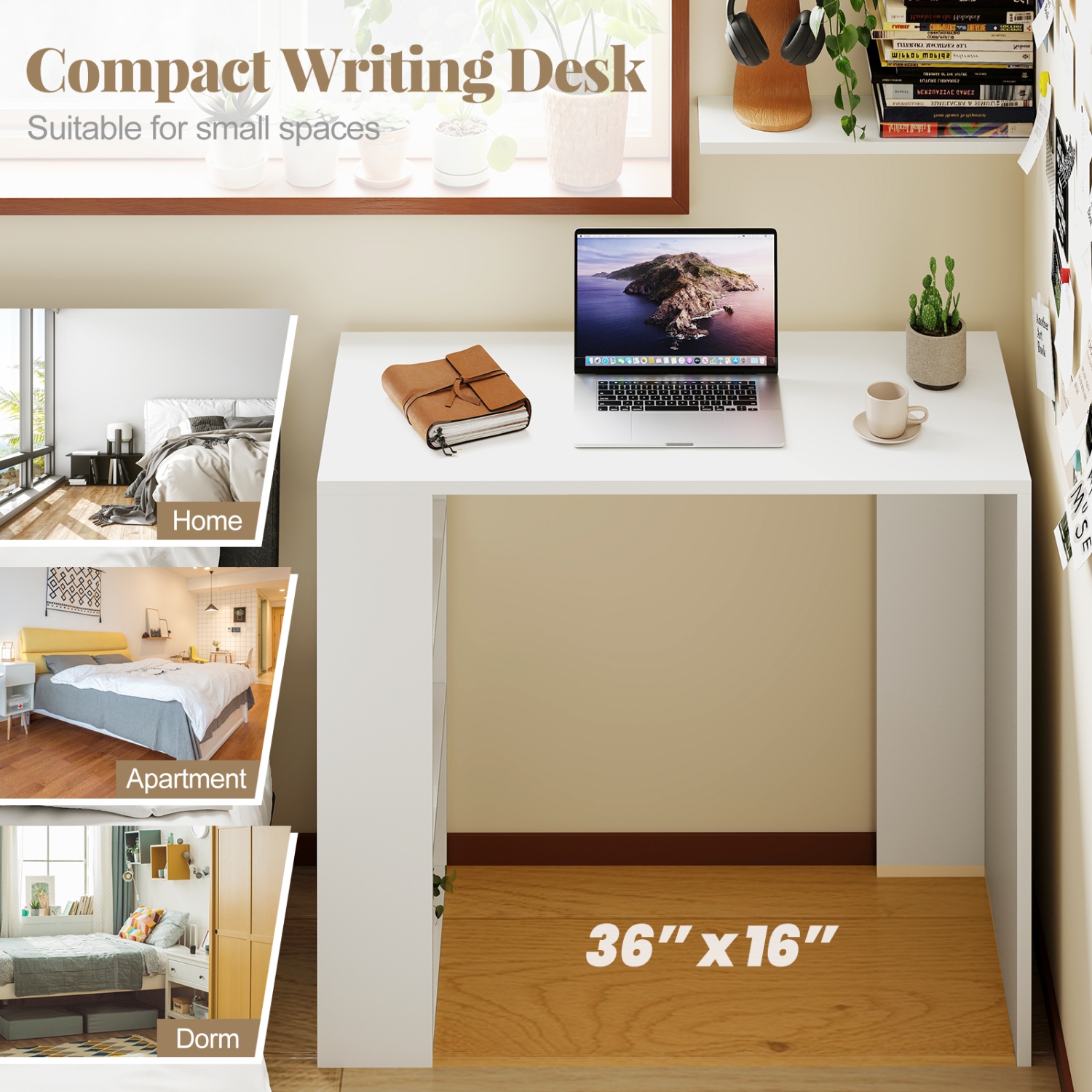 Gymax 36'' Compact Writing Desk w/ 3 Open Shelves Freestanding Anti-tipping Kit