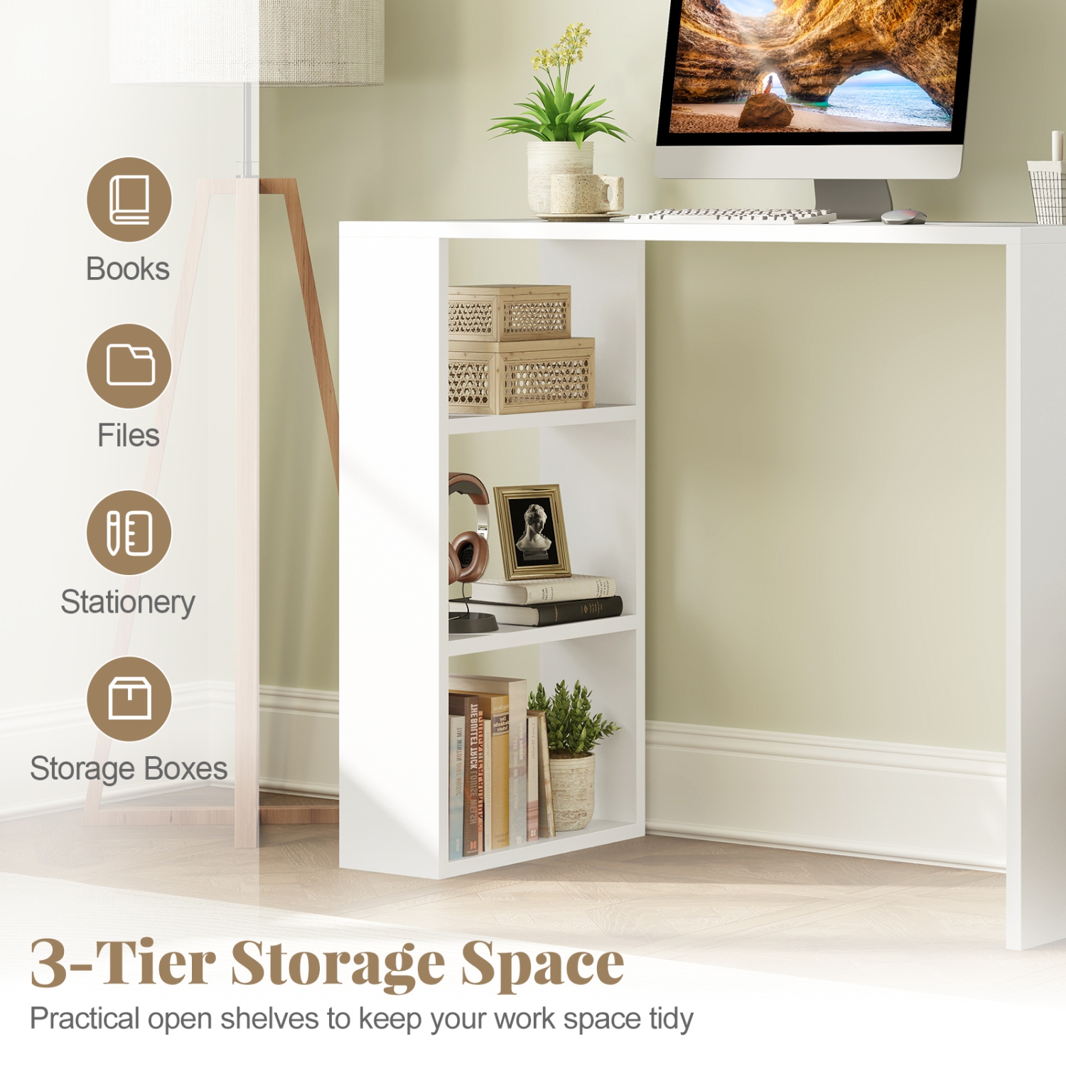 Gymax 36'' Compact Writing Desk w/ 3 Open Shelves Freestanding Anti-tipping Kit