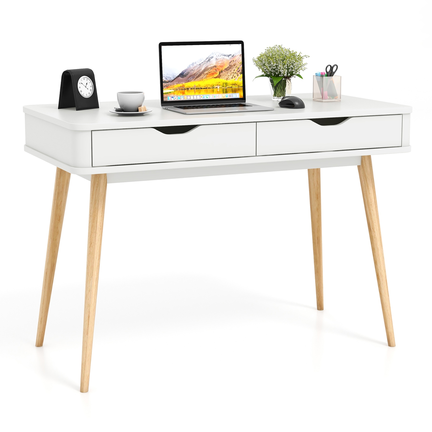 Gymax 43.5'' Writing Desk w/2 Drawers Anti-Tipping Kits & Solid Rubber Wood Legs