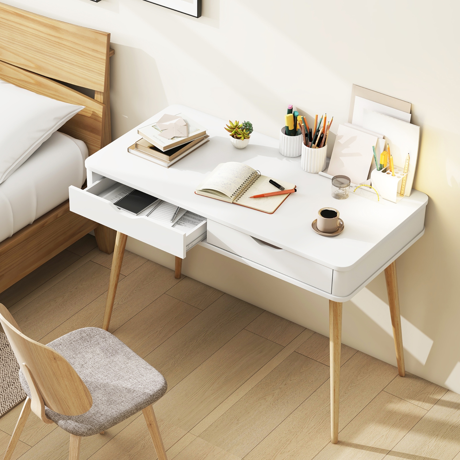 Gymax 43.5'' Writing Desk w/2 Drawers Anti-Tipping Kits & Solid Rubber Wood Legs