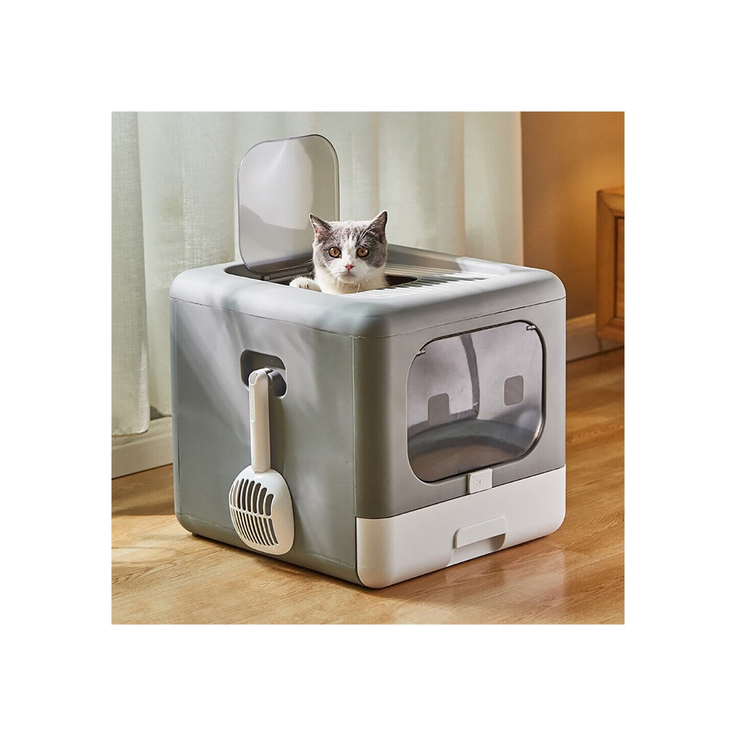 BingoPaw Cat Litter Box with Scoop, Large Foldable Litter Box with Lid, Front Entry Top Exit Kitty Box, Odor Control, Easy to Clean