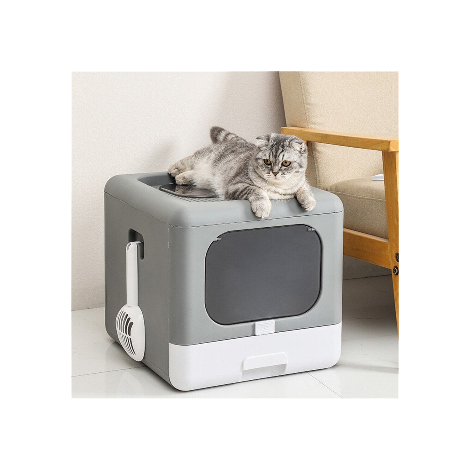 BingoPaw Cat Litter Box with Scoop, Large Foldable Litter Box with Lid, Front Entry Top Exit Kitty Box, Odor Control, Easy to Clean