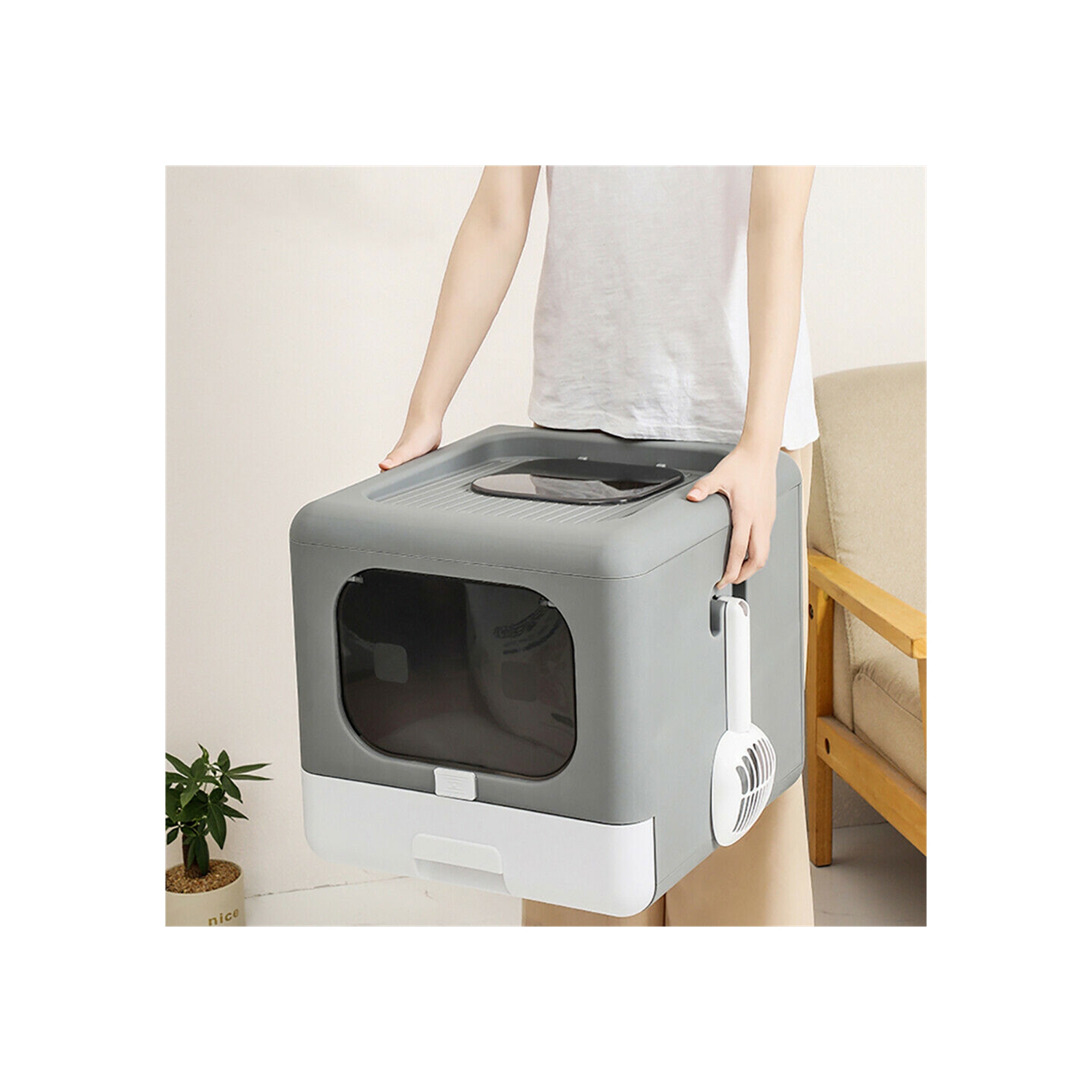 BingoPaw Cat Litter Box with Scoop, Large Foldable Litter Box with Lid, Front Entry Top Exit Kitty Box, Odor Control, Easy to Clean