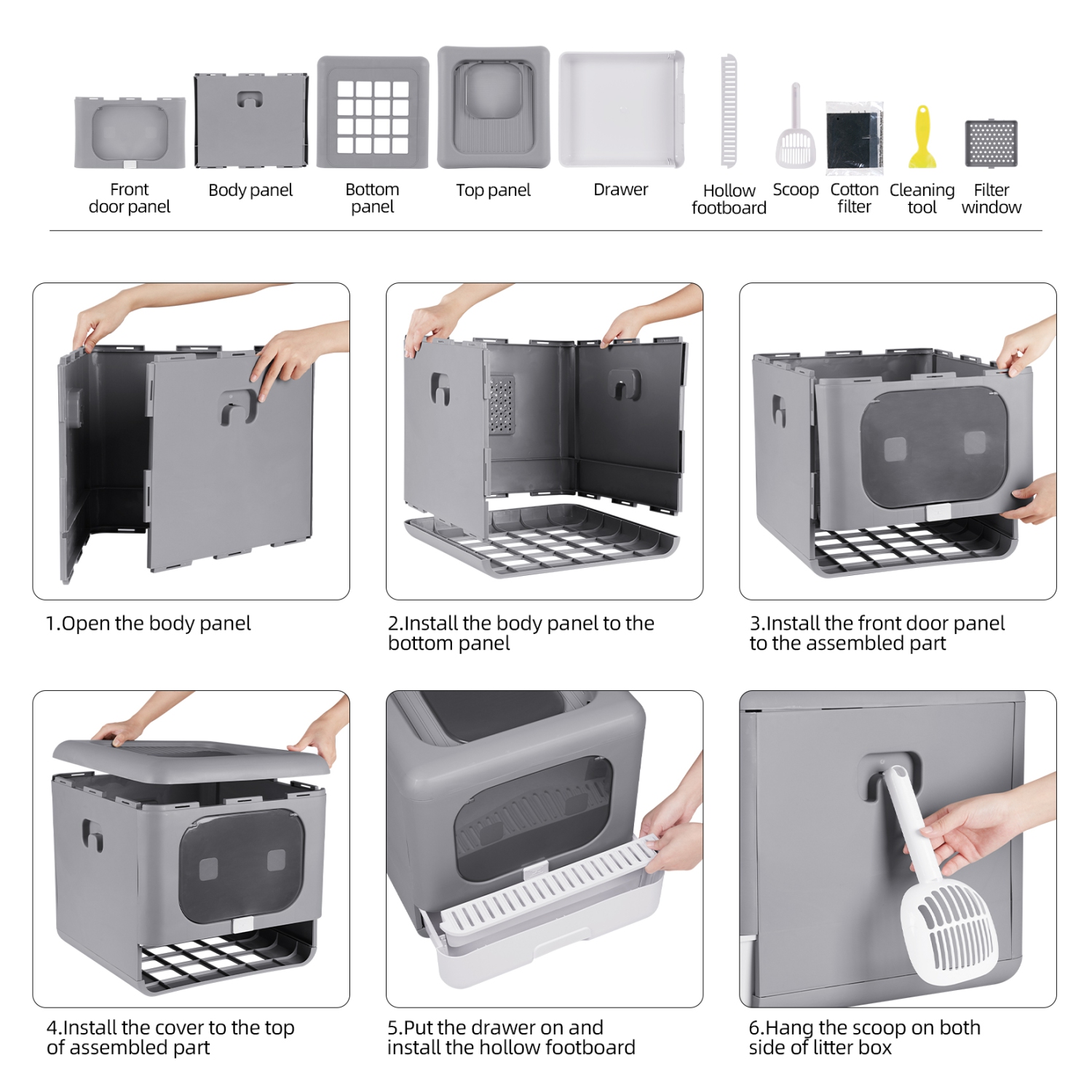 BingoPaw Cat Litter Box with Scoop, Large Foldable Litter Box with Lid, Front Entry Top Exit Kitty Box, Odor Control, Easy to Clean