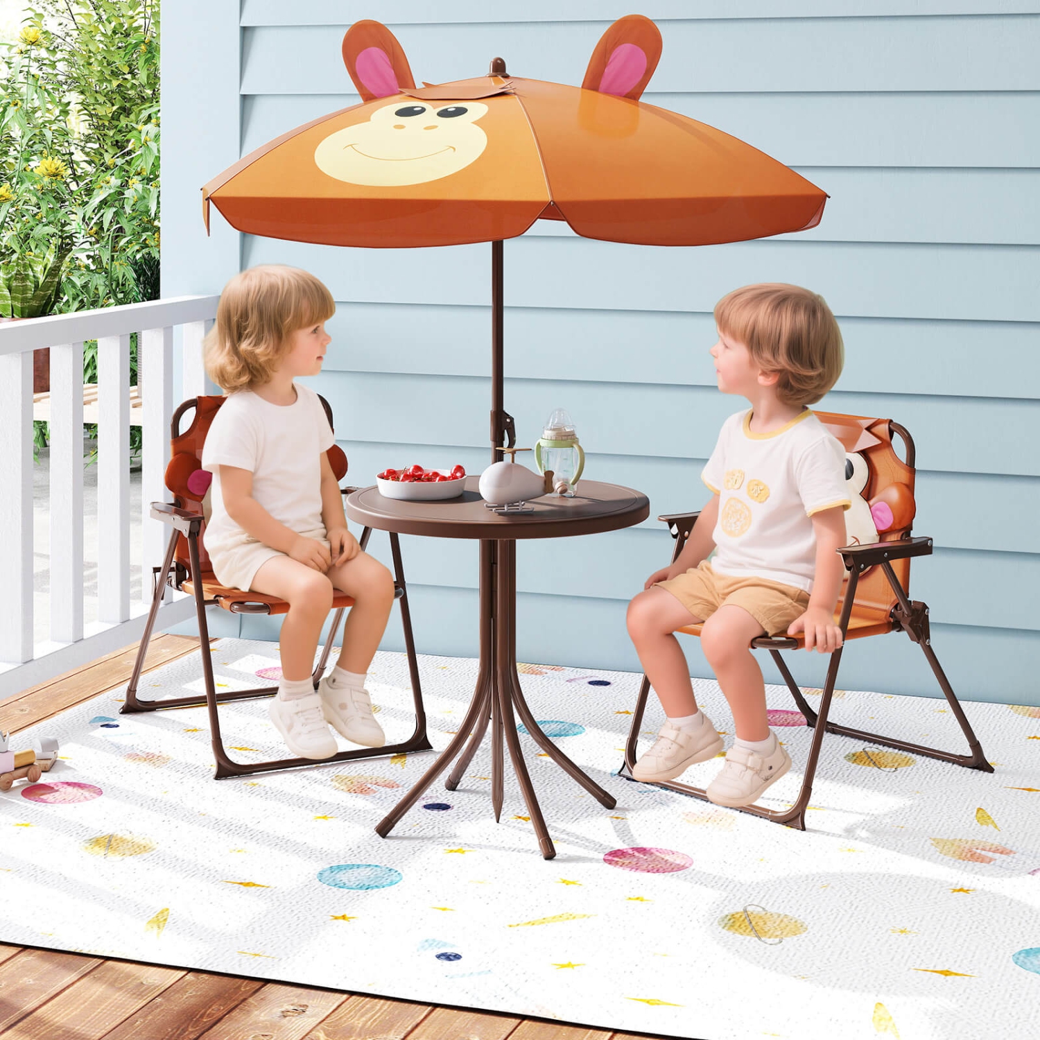 Costway Kids Picnic Table & Chair Set with 2 Folding Chairs & Height Adjustable Umbrella Brown/Green/Pink