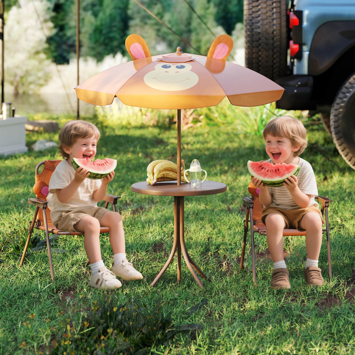 Costway Kids Picnic Table & Chair Set with 2 Folding Chairs & Height Adjustable Umbrella Brown/Green/Pink