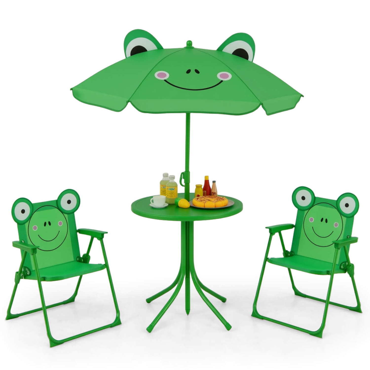 Costway Kids Picnic Table & Chair Set with 2 Folding Chairs & Height Adjustable Umbrella Brown/Green/Pink