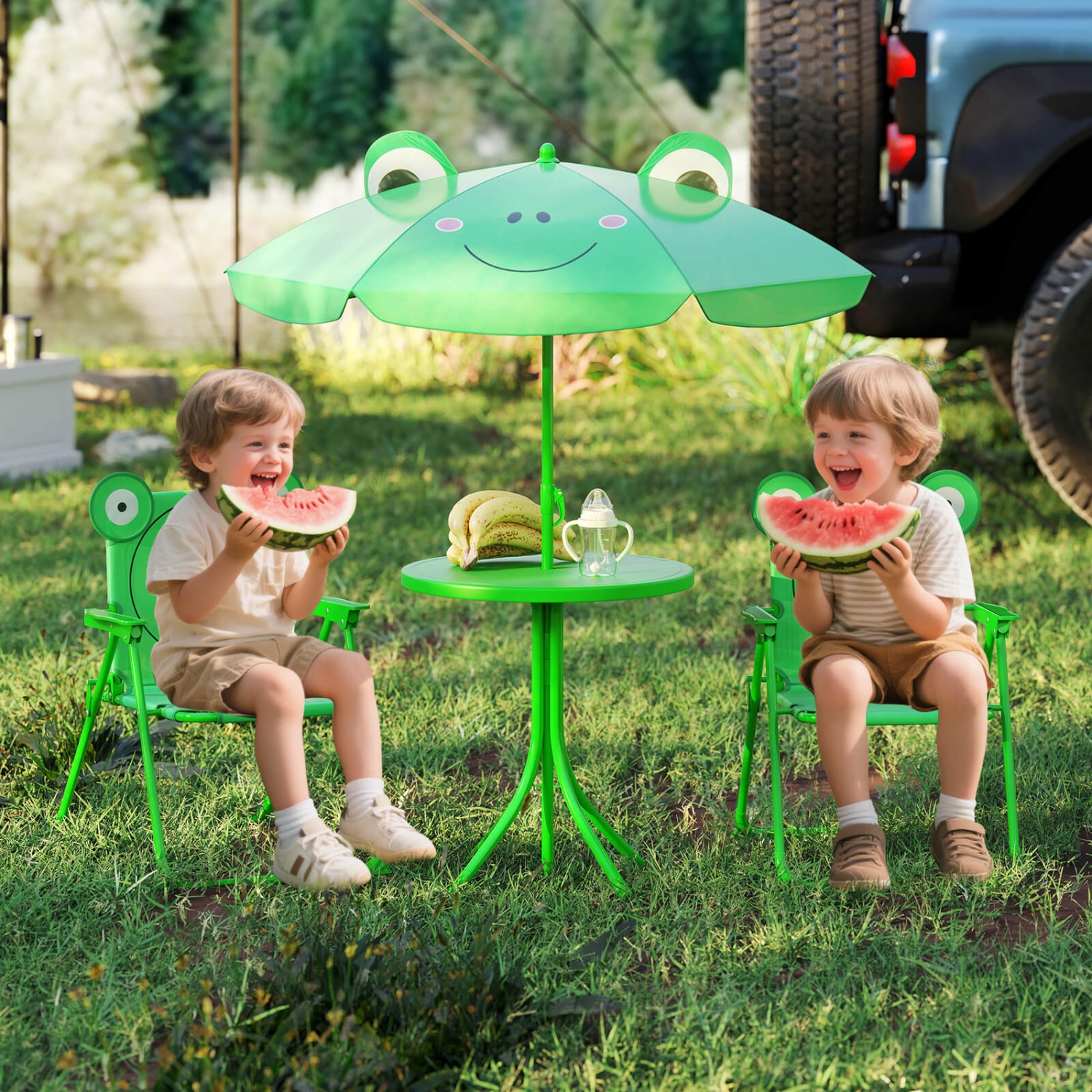 Costway Kids Picnic Table & Chair Set with 2 Folding Chairs & Height Adjustable Umbrella Brown/Green/Pink