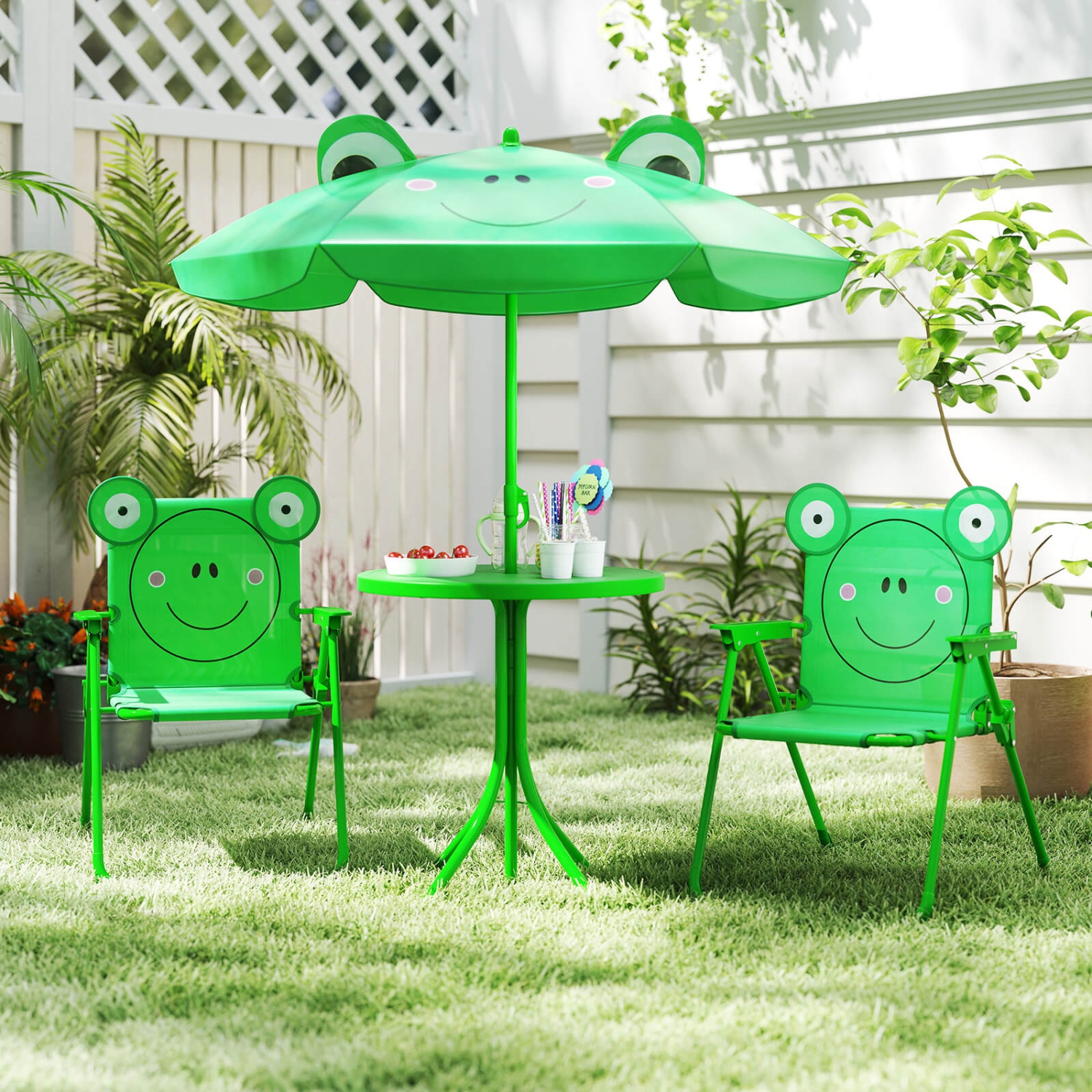Costway Kids Picnic Table & Chair Set with 2 Folding Chairs & Height Adjustable Umbrella Brown/Green/Pink