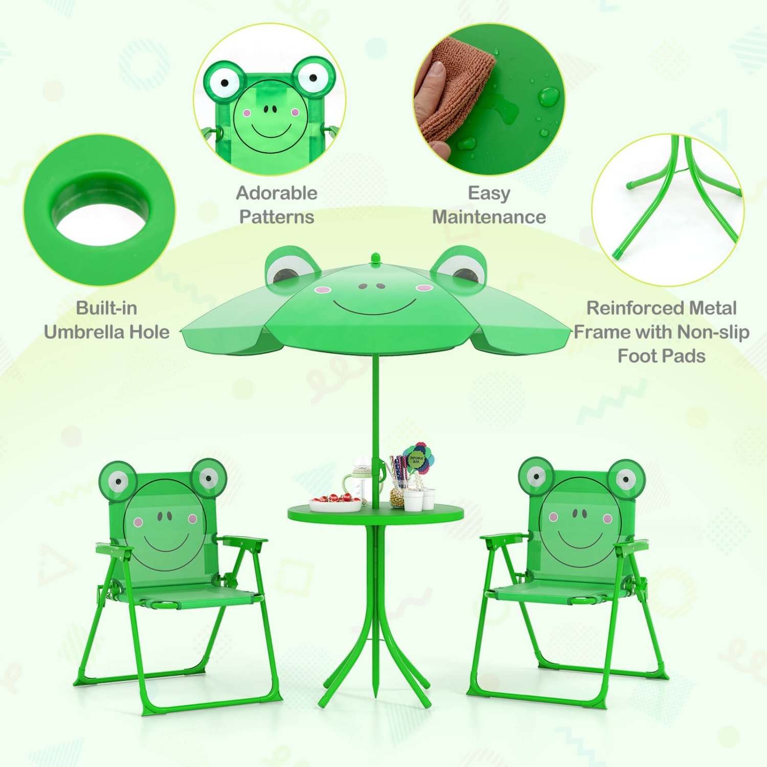 Costway Kids Picnic Table & Chair Set with 2 Folding Chairs & Height Adjustable Umbrella Brown/Green/Pink