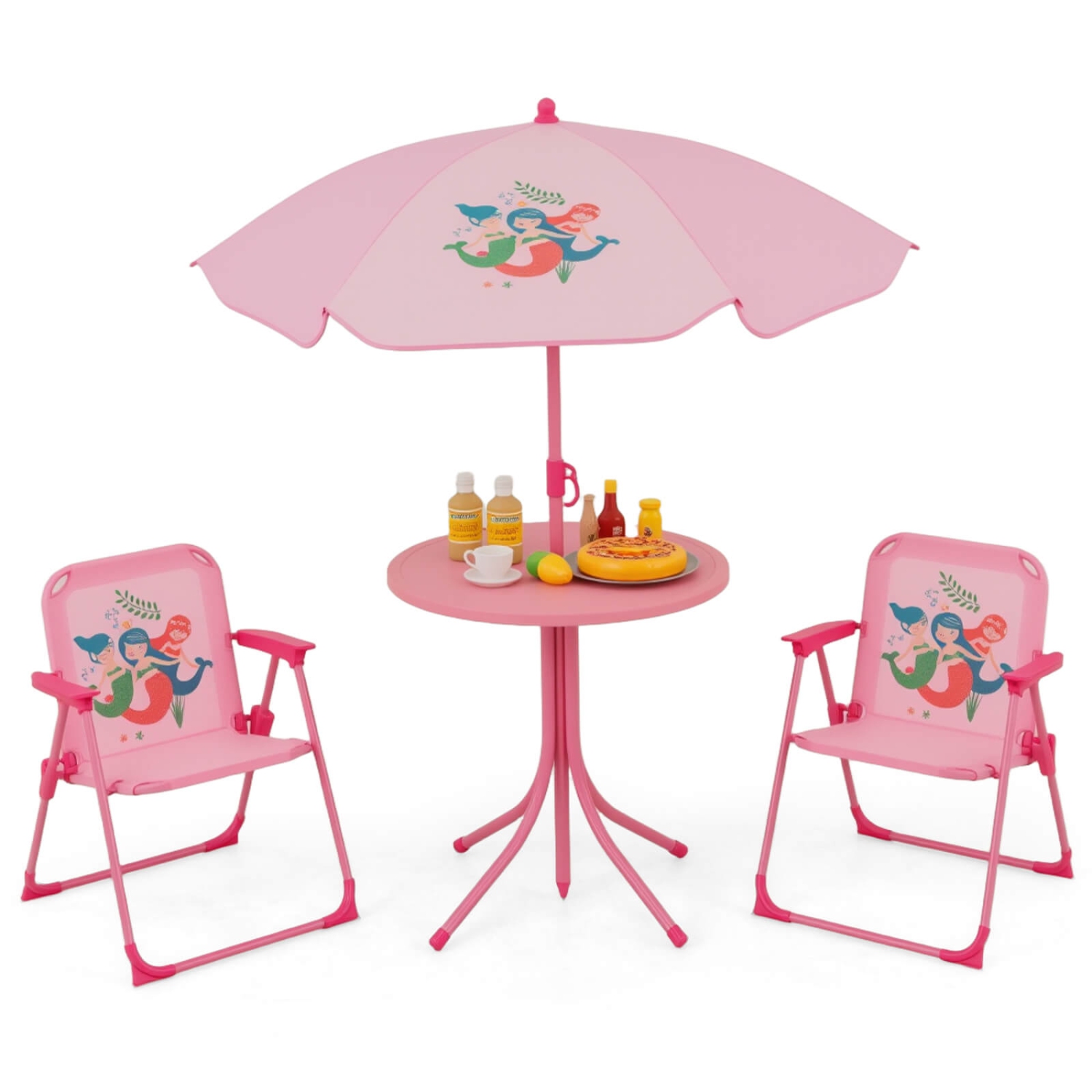 Costway Kids Picnic Table & Chair Set with 2 Folding Chairs & Height Adjustable Umbrella Brown/Green/Pink