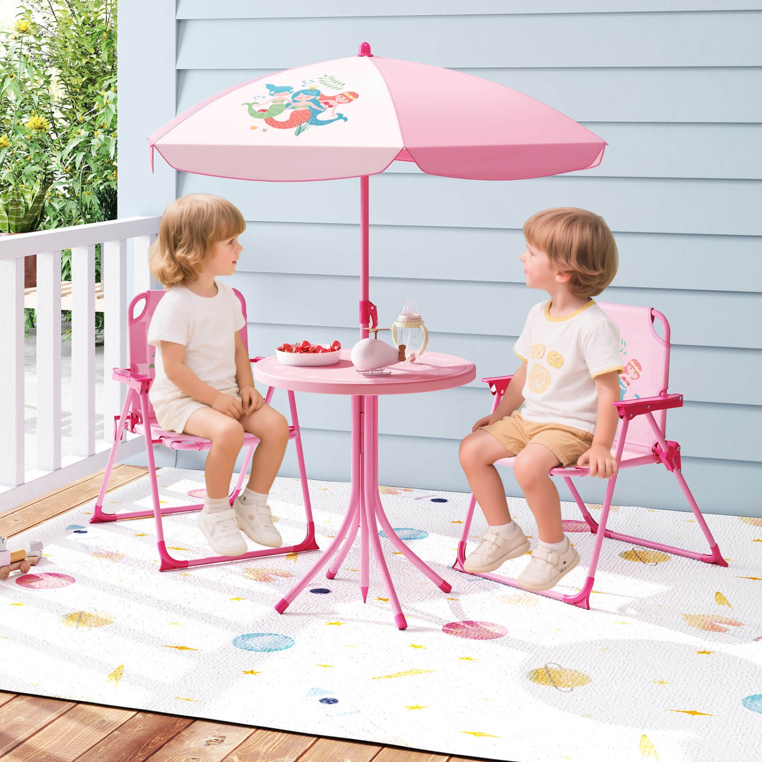 Costway Kids Picnic Table & Chair Set with 2 Folding Chairs & Height Adjustable Umbrella Brown/Green/Pink