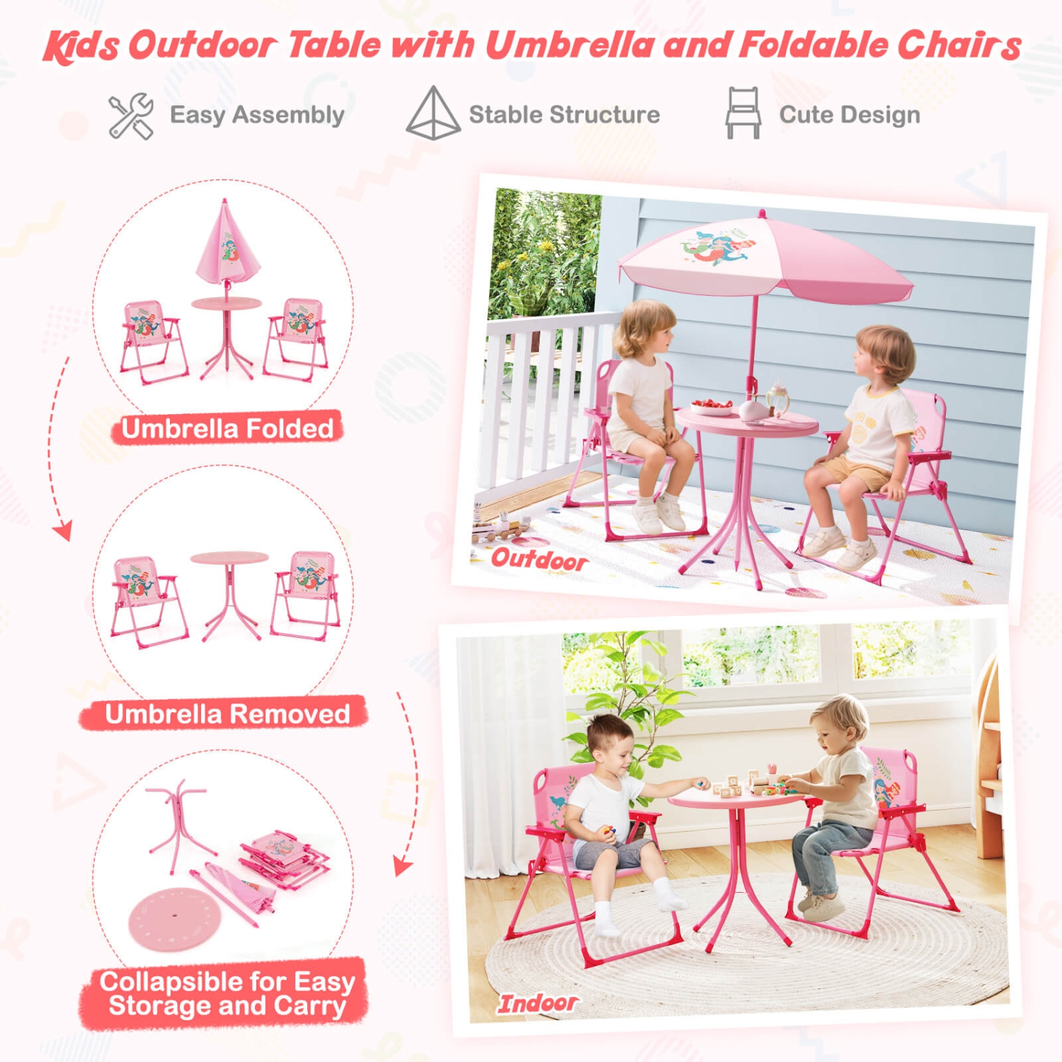 Costway Kids Picnic Table & Chair Set with 2 Folding Chairs & Height Adjustable Umbrella Brown/Green/Pink