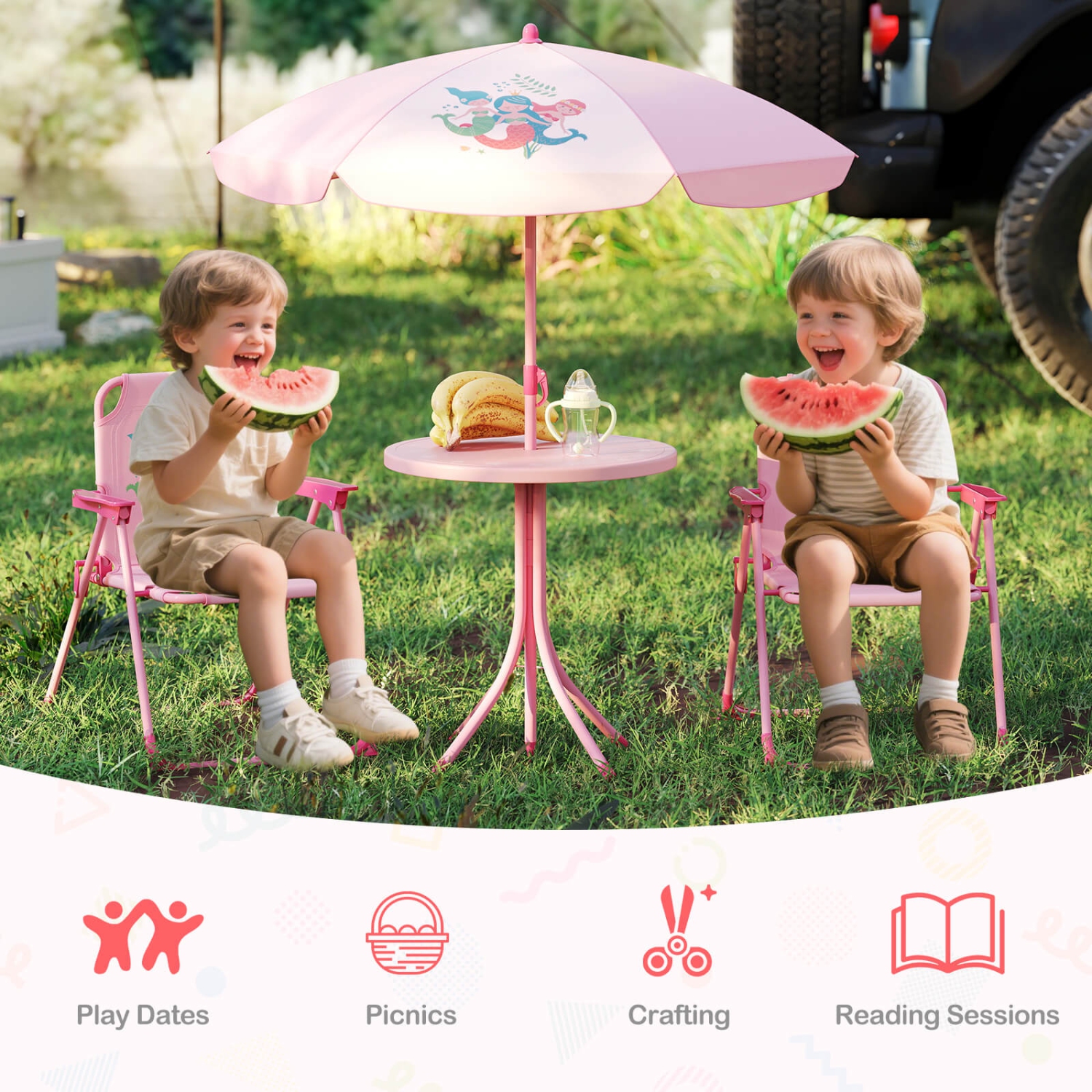 Costway Kids Picnic Table & Chair Set with 2 Folding Chairs & Height Adjustable Umbrella Brown/Green/Pink
