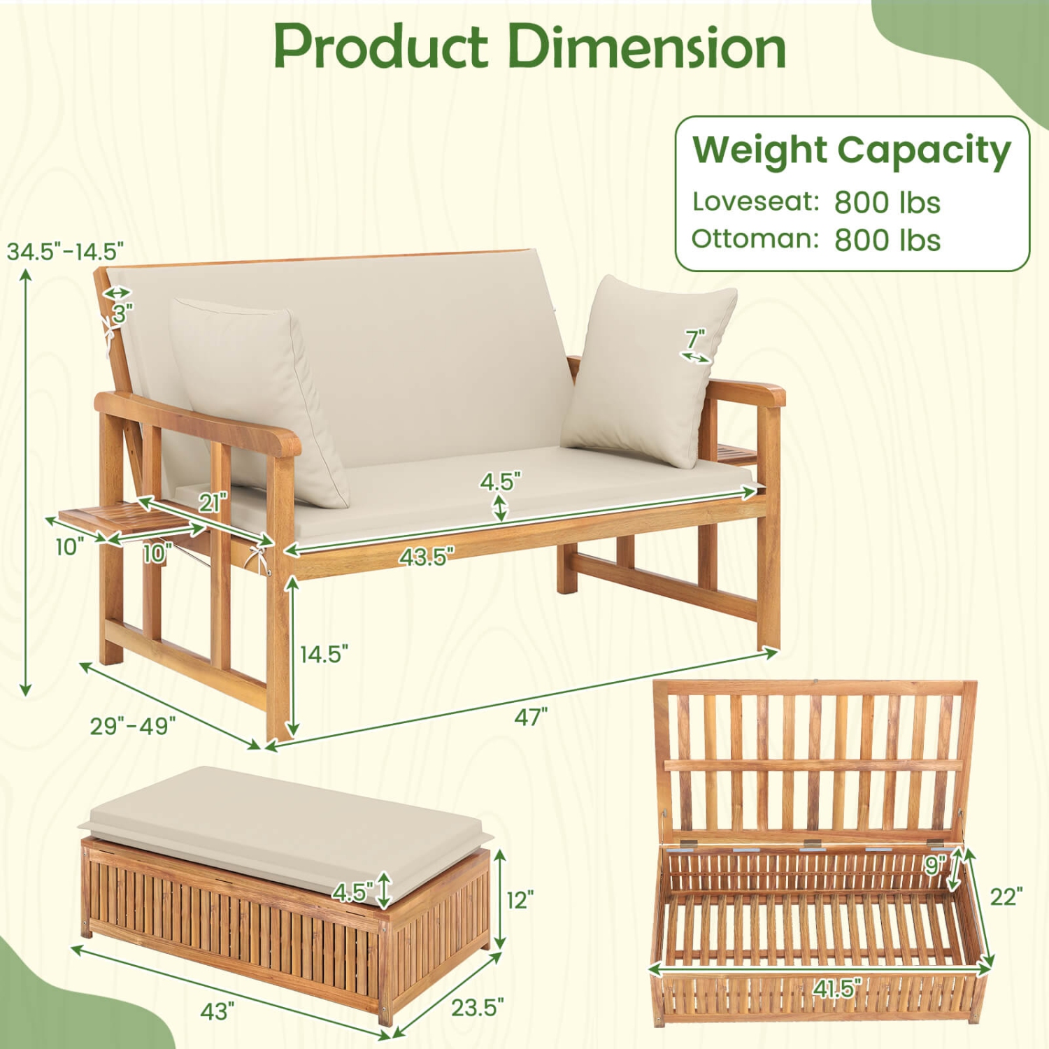 Costway Outdoor Wooden Daybed with 4-Level Backrest & Removable Cushions for Poolside