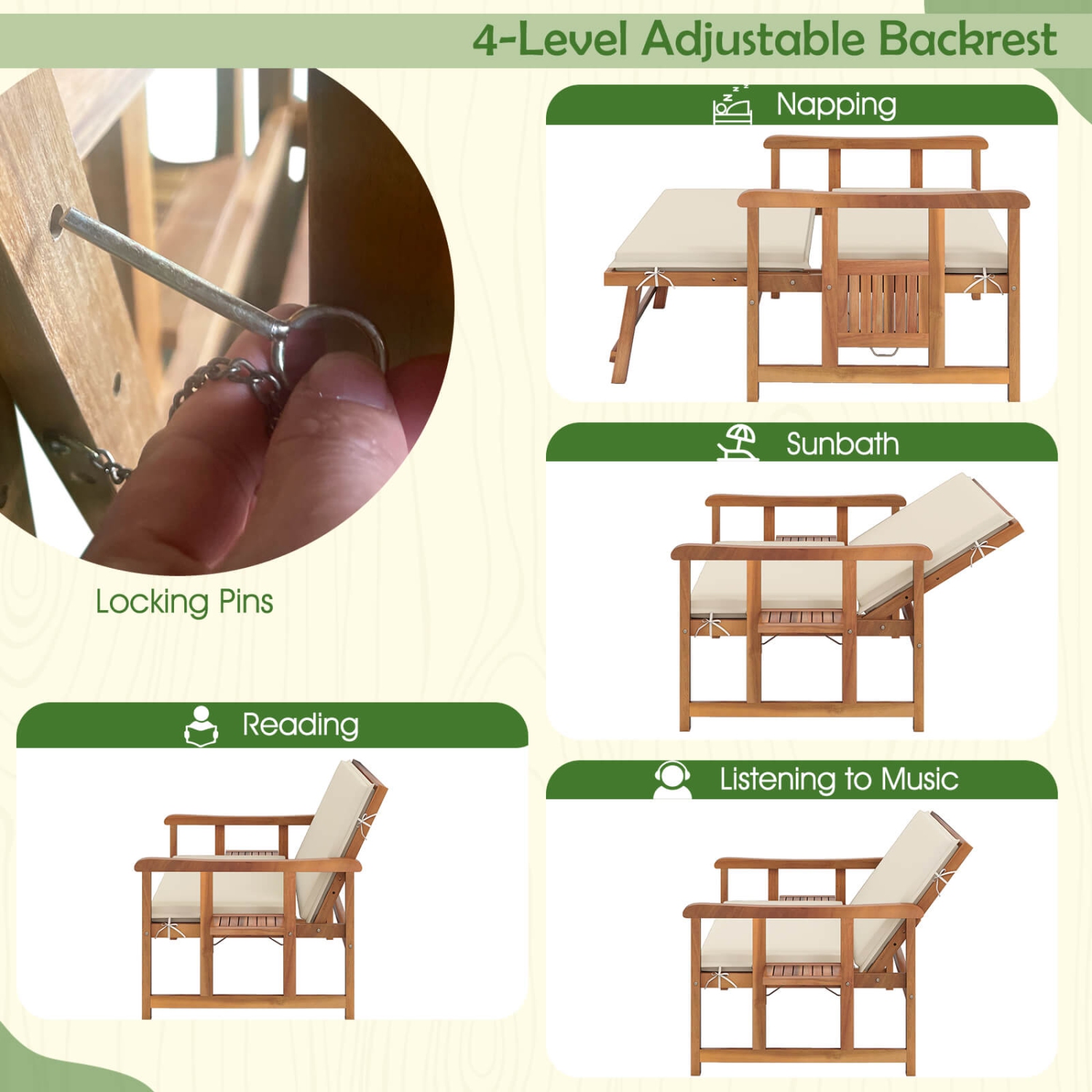 Costway Outdoor Wooden Daybed with 4-Level Backrest & Removable Cushions for Poolside