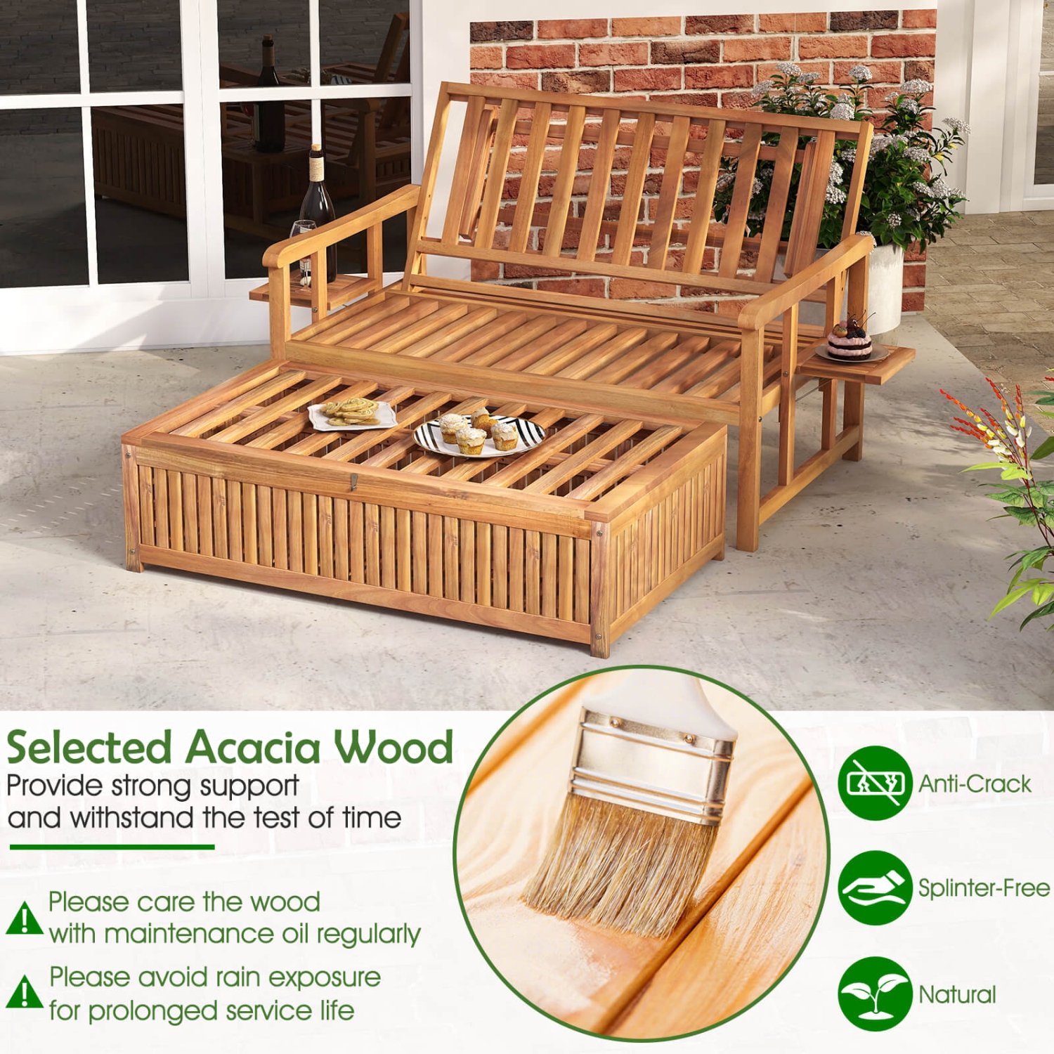 Costway Outdoor Wooden Daybed with 4-Level Backrest & Removable Cushions for Poolside