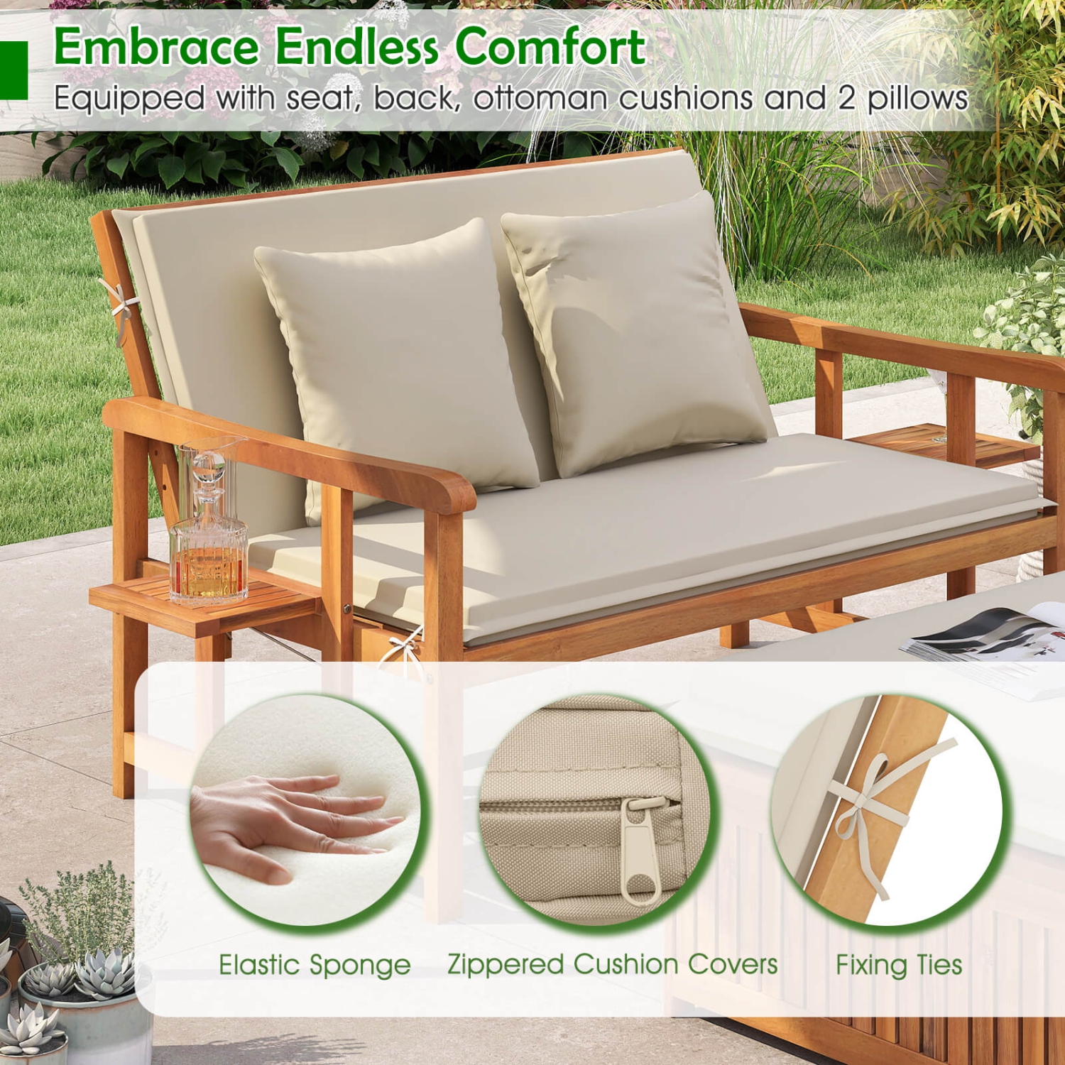 Costway Outdoor Wooden Daybed with 4-Level Backrest & Removable Cushions for Poolside