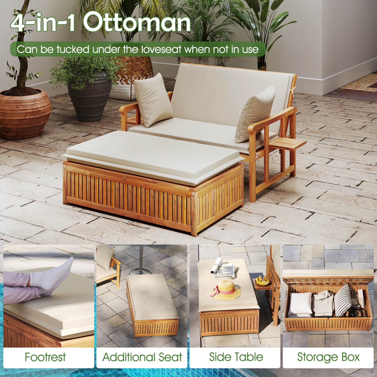 Costway Outdoor Wooden Daybed with 4-Level Backrest & Removable Cushions for Poolside