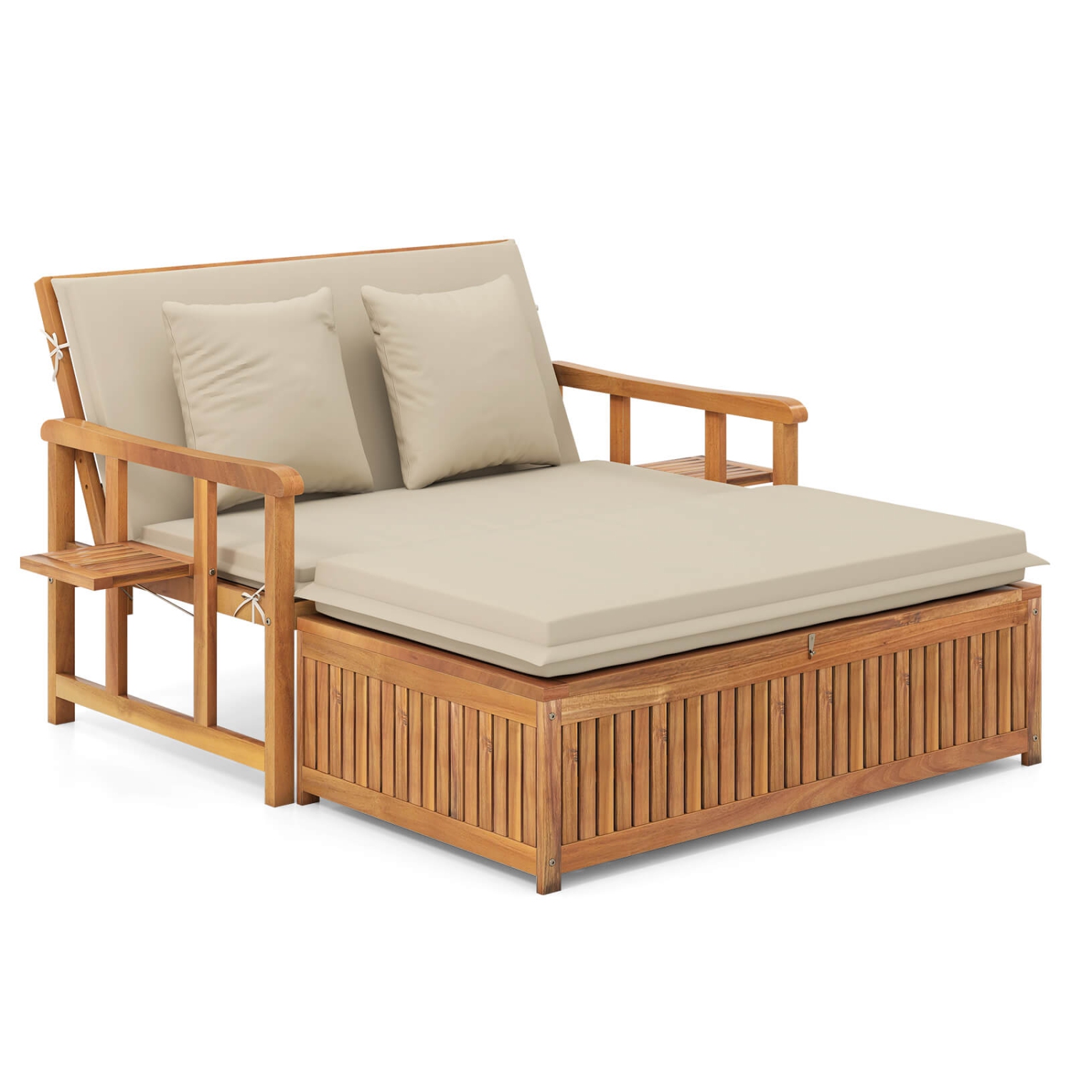 Costway Outdoor Wooden Daybed with 4-Level Backrest & Removable Cushions for Poolside